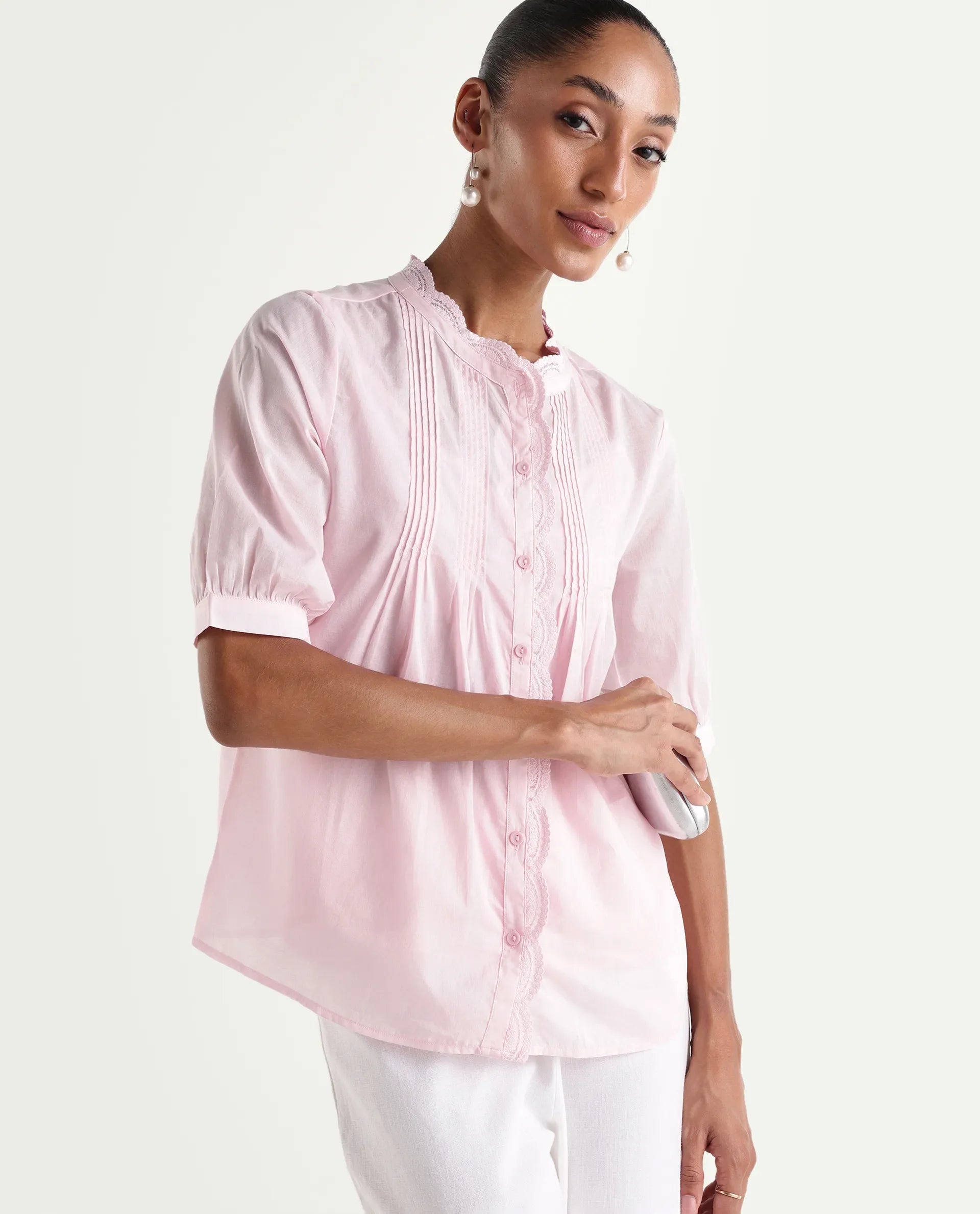 Rareism Women's Ceni Light Pink Cotton Half Sleeve Regular Fit Plain Top