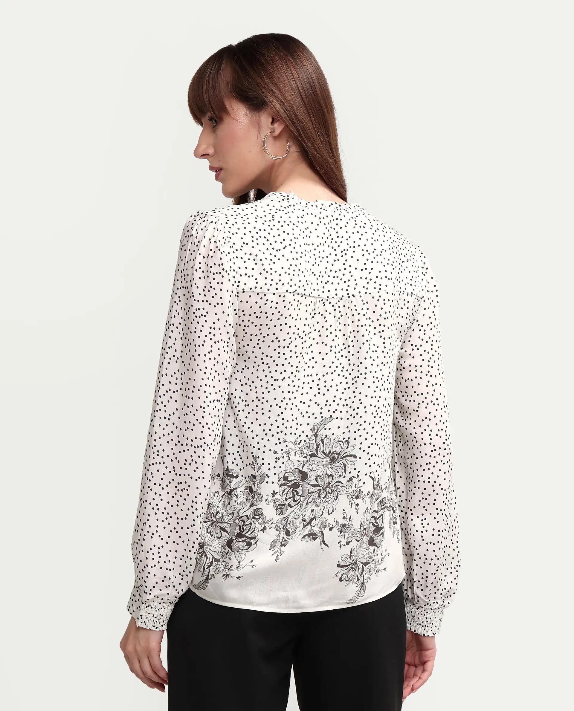 Rareism Women's Coco Off White Viscose Blend Full Sleeve Relaxed Fit Floral Print Top