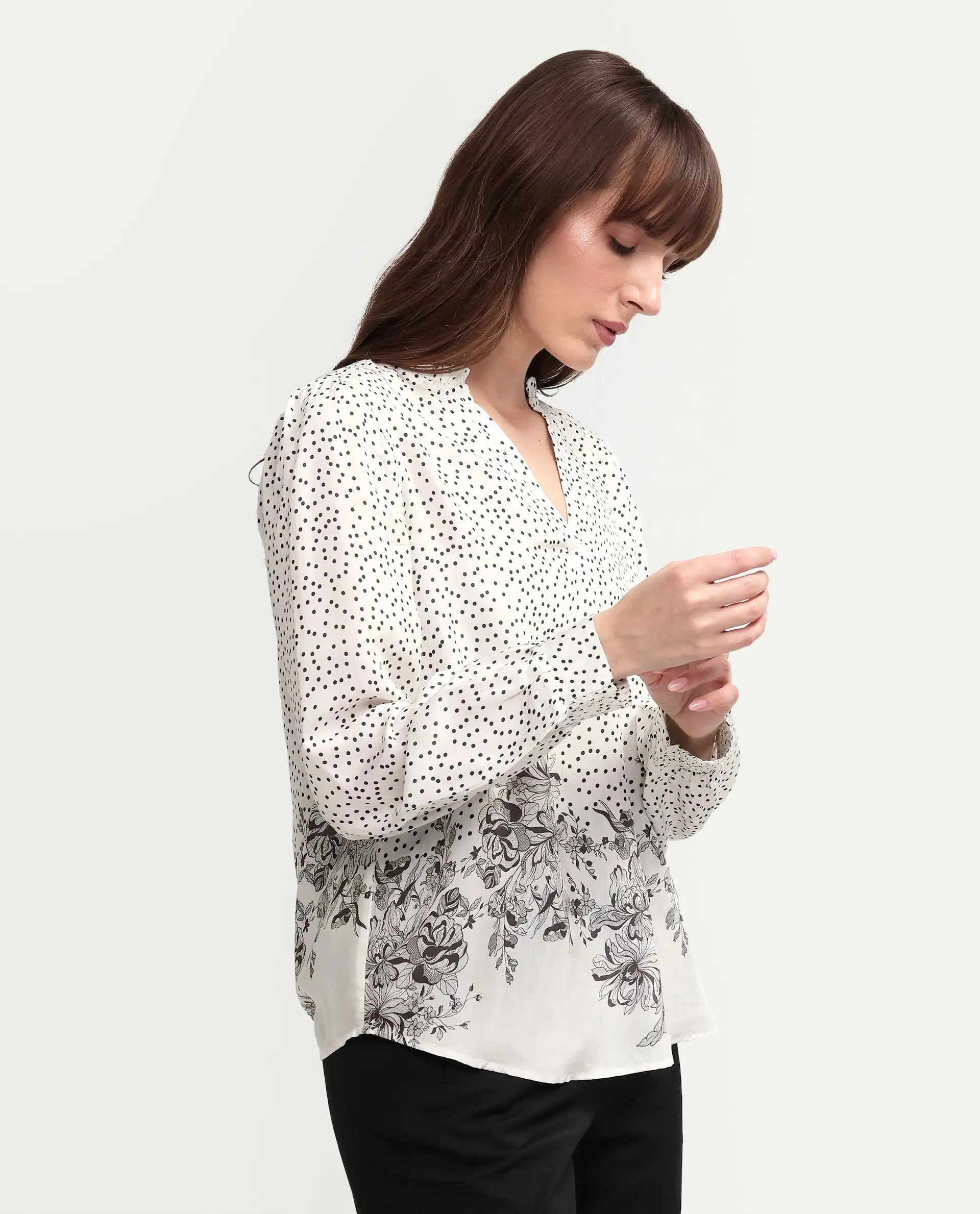 Rareism Women's Coco Off White Viscose Blend Full Sleeve Relaxed Fit Floral Print Top