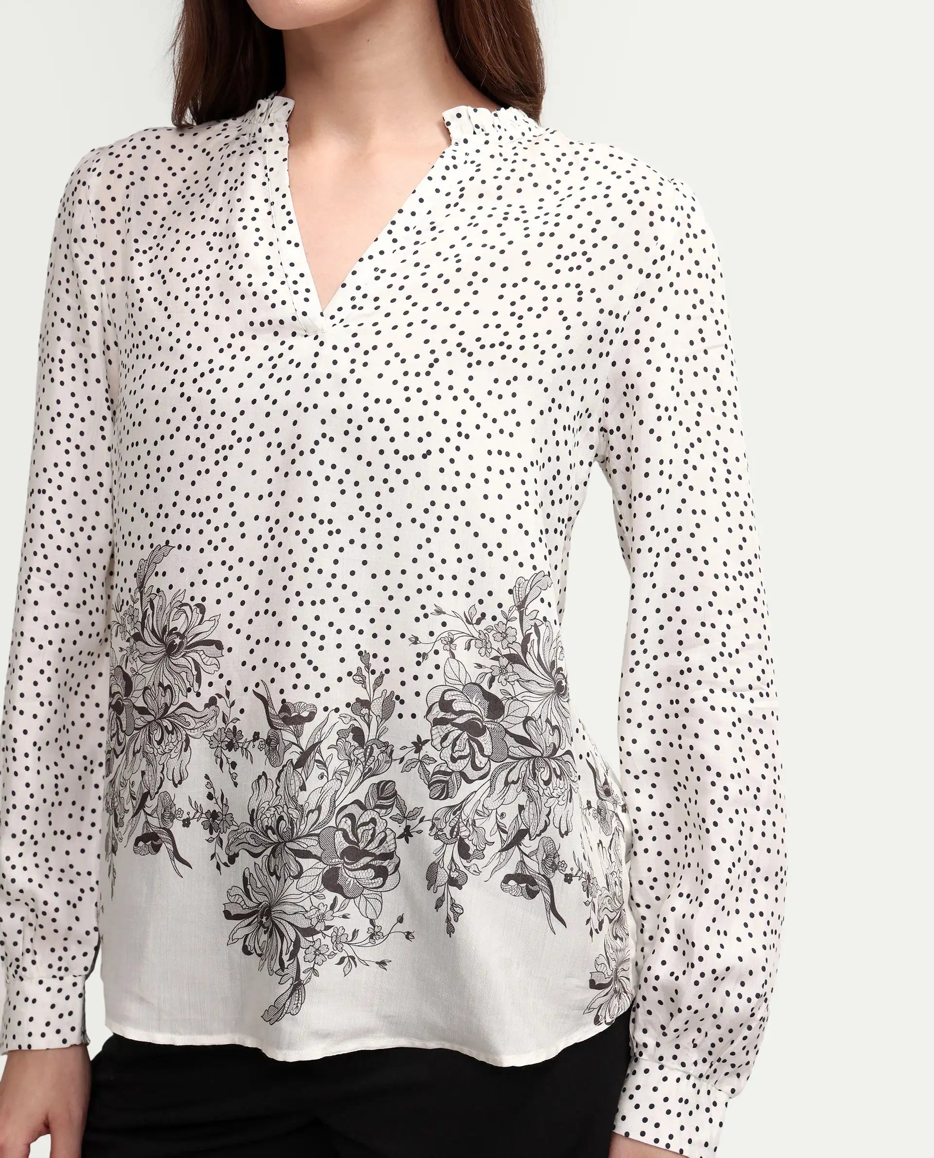 Rareism Women's Coco Off White Viscose Blend Full Sleeve Relaxed Fit Floral Print Top