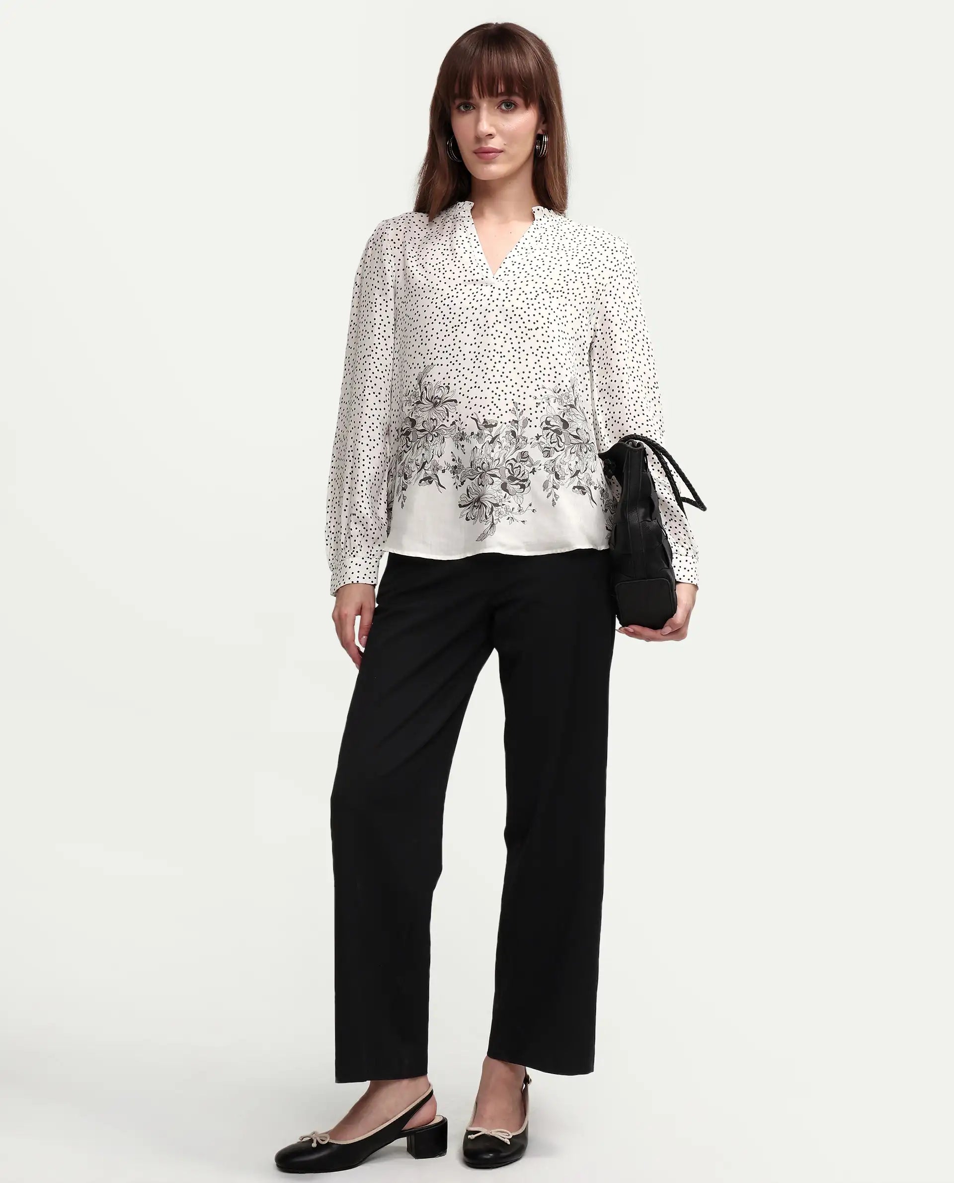 Rareism Women's Coco Off White Viscose Blend Full Sleeve Relaxed Fit Floral Print Top