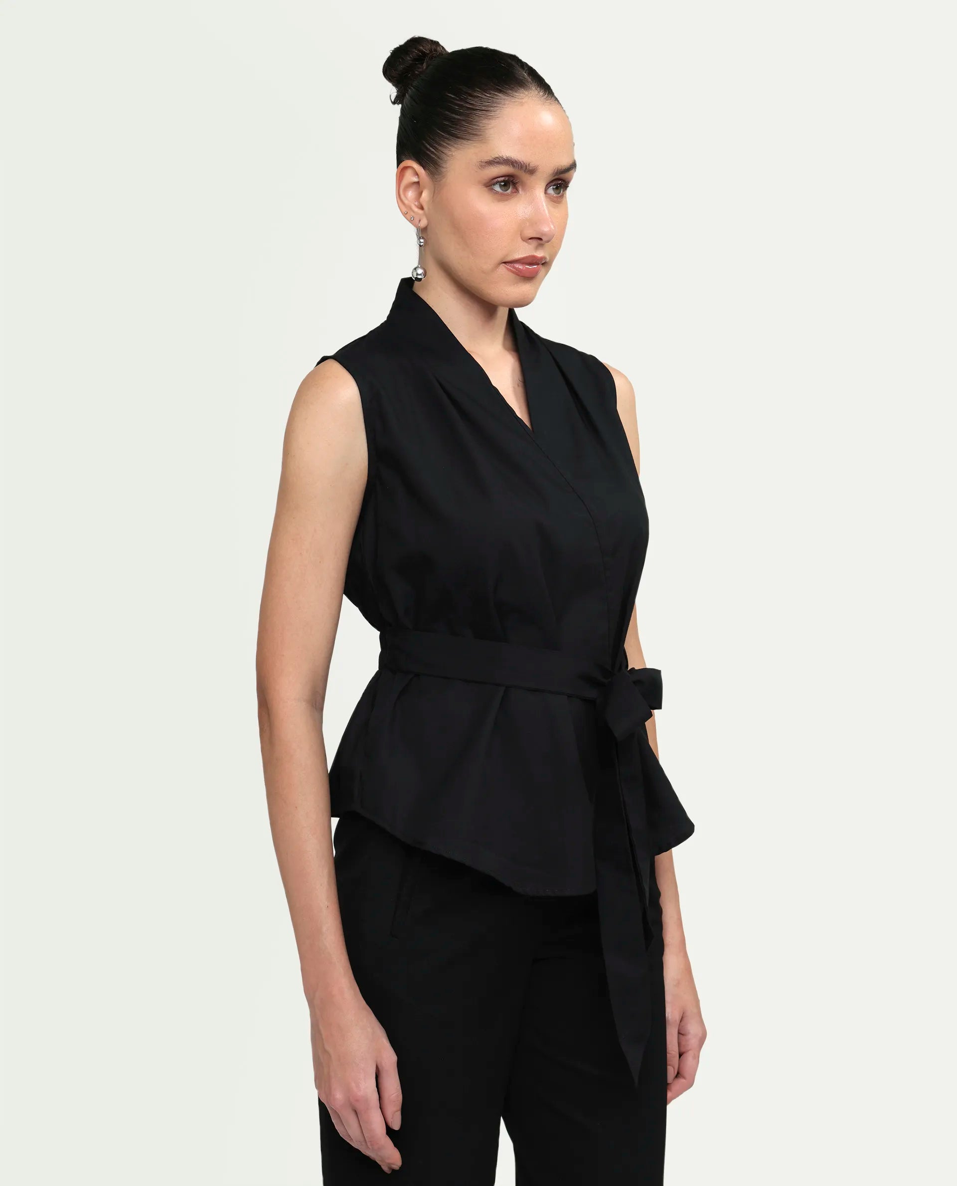 Rareism Women's Cyra Black Viscose Blend Sleeveless Regular Fit Plain Top