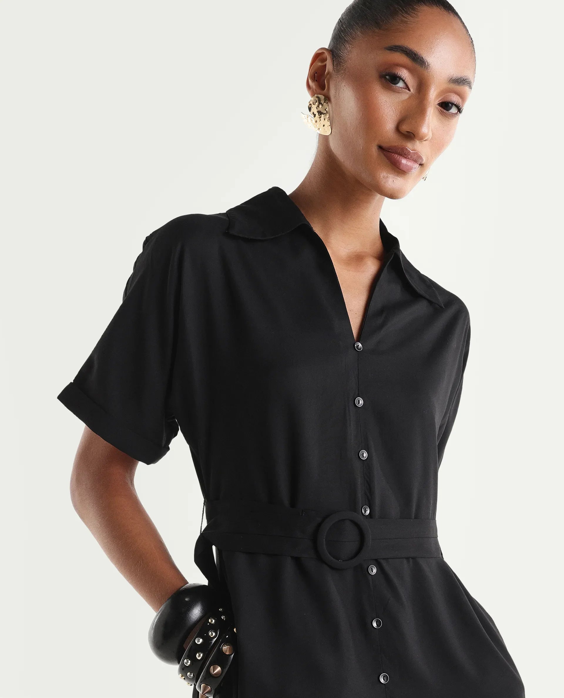 Rareism Women's Elate Black Viscose Half Sleeve A-Line Plain Dress