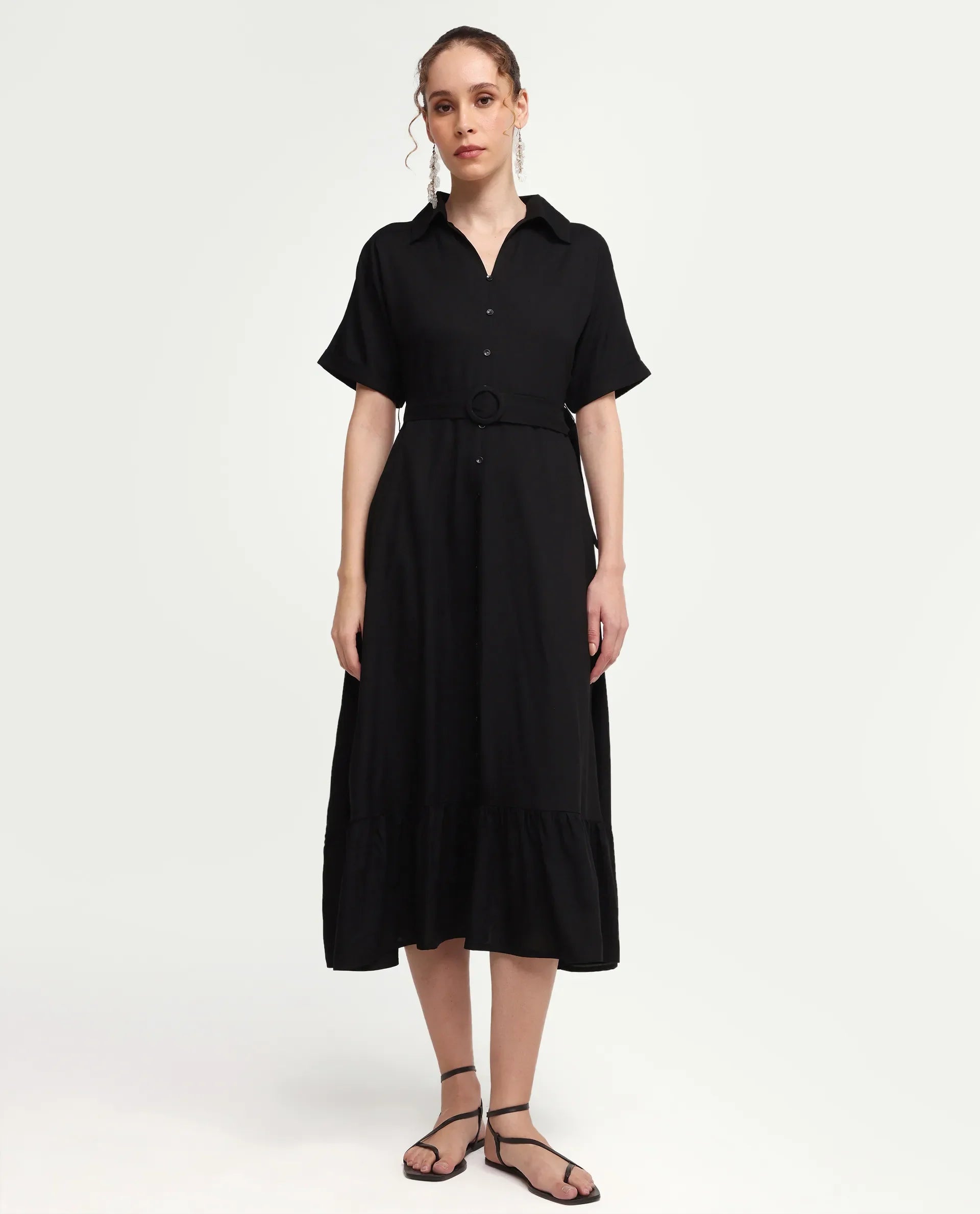Rareism Women's Elate Black Viscose Half Sleeve A-Line Plain Dress