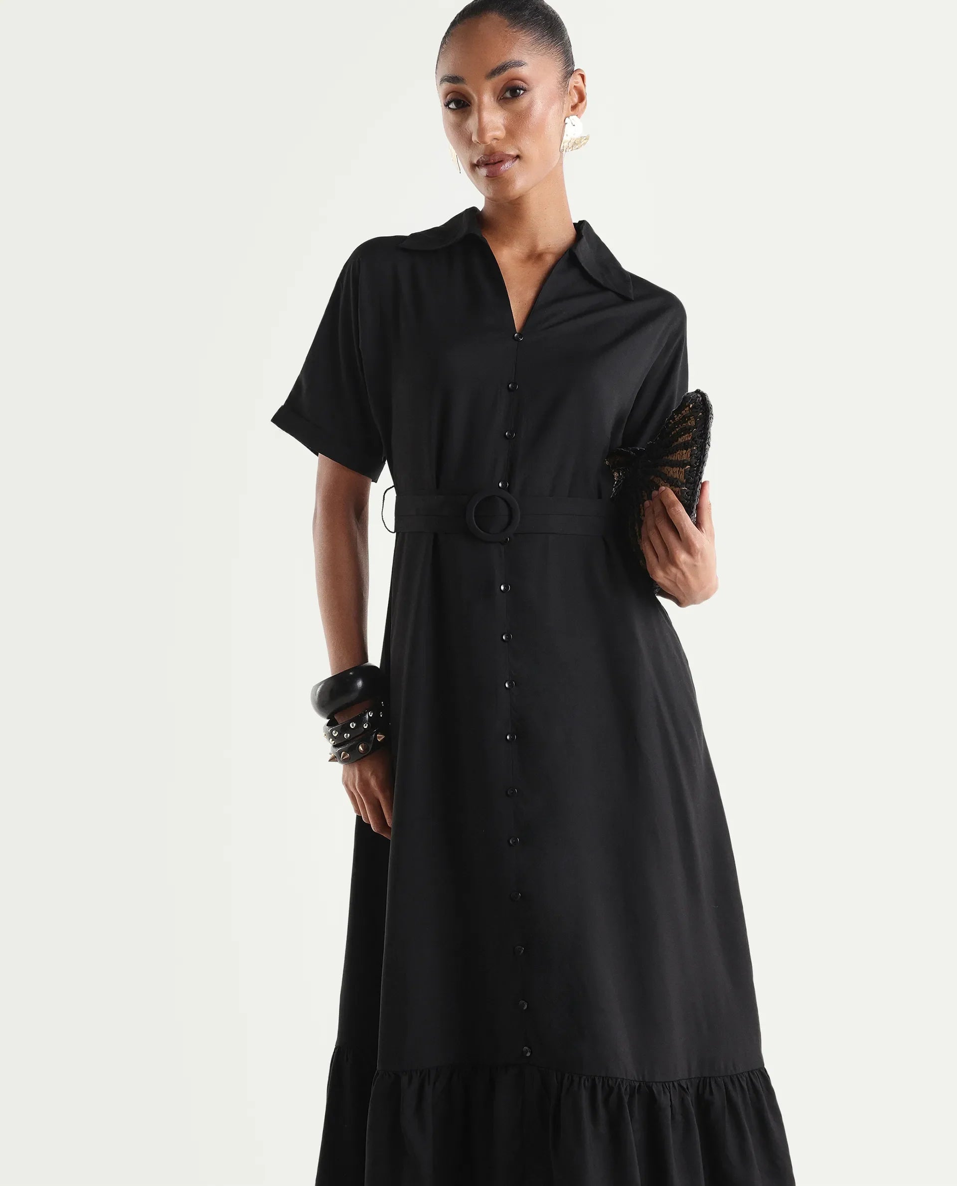 Rareism Women's Elate Black Viscose Half Sleeve A-Line Plain Dress