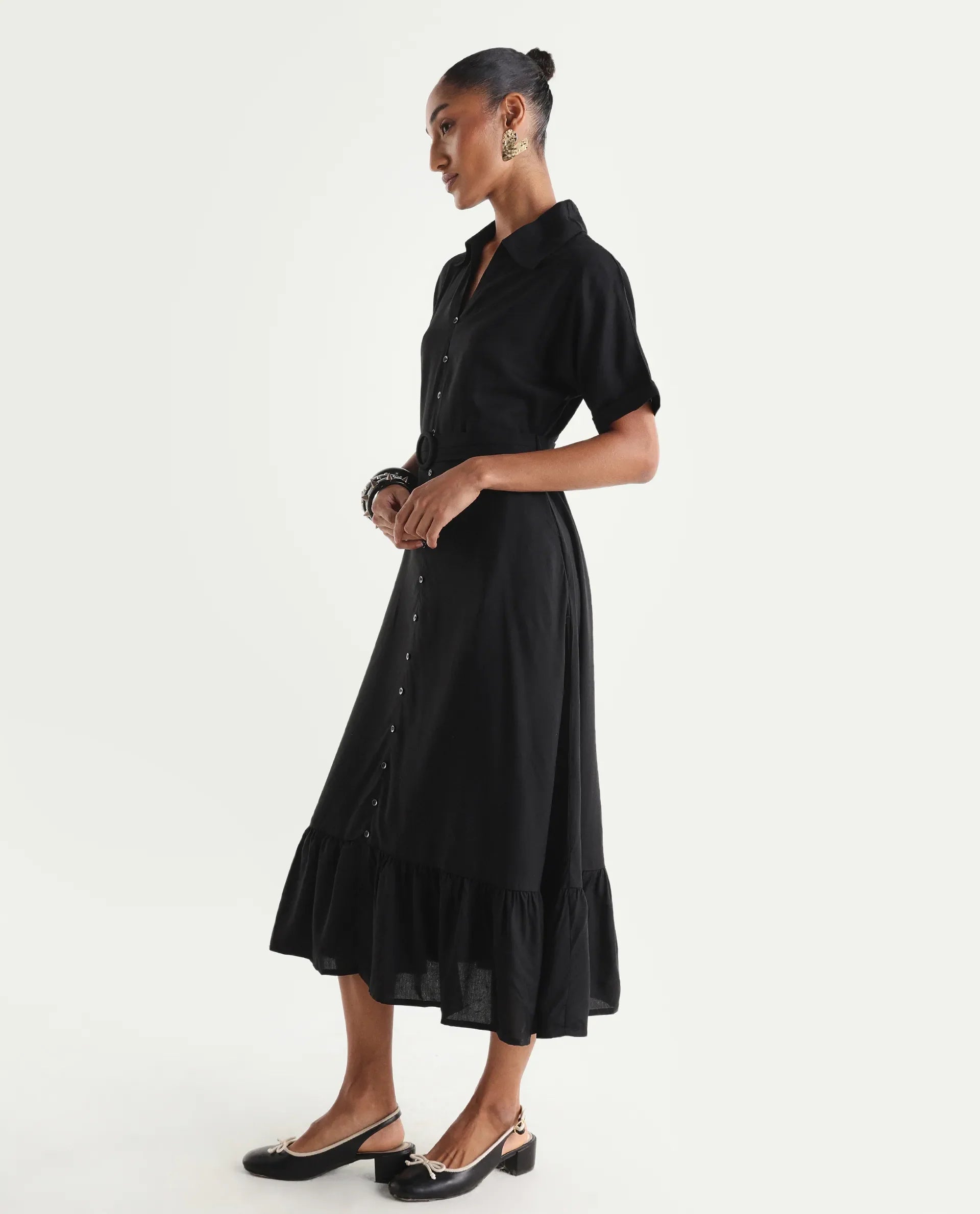 Rareism Women's Elate Black Viscose Half Sleeve A-Line Plain Dress