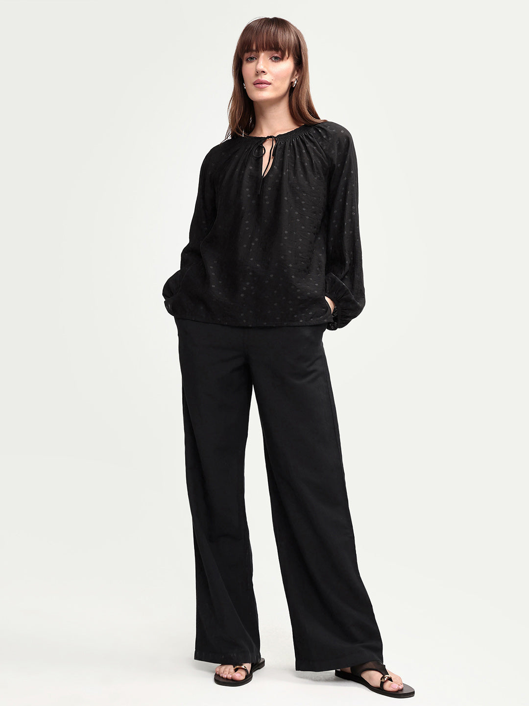 Rareism Women's Uniq Light Black Linen Blend Straight Plain Trouser