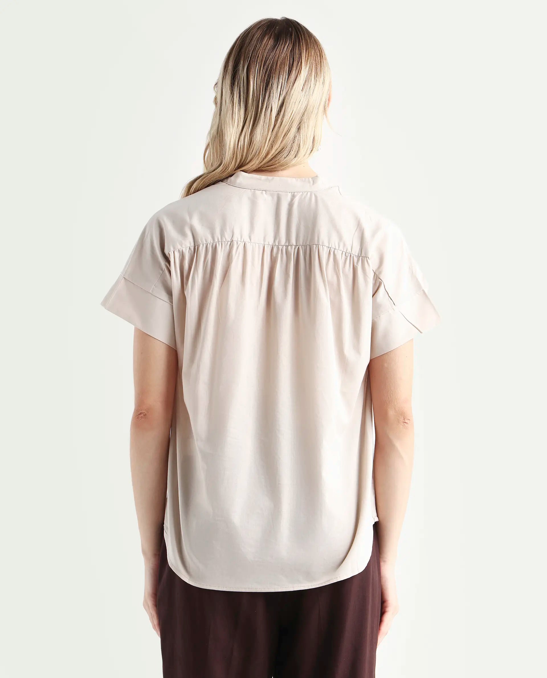 Rareism Women's Nupto Beige Cotton Mandarin Collar Relaxed Fit Plain Top