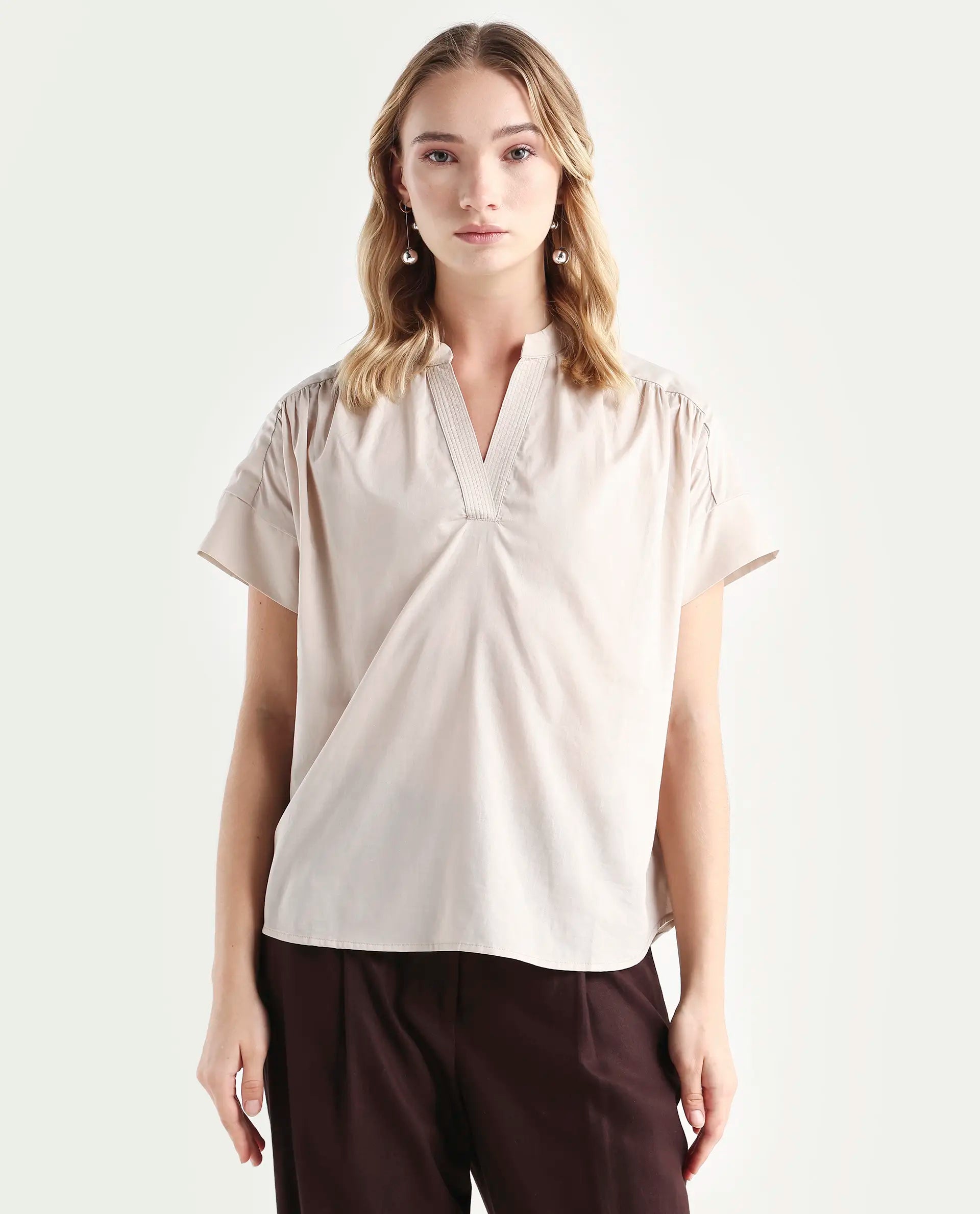 Rareism Women's Nupto Beige Cotton Mandarin Collar Relaxed Fit Plain Top