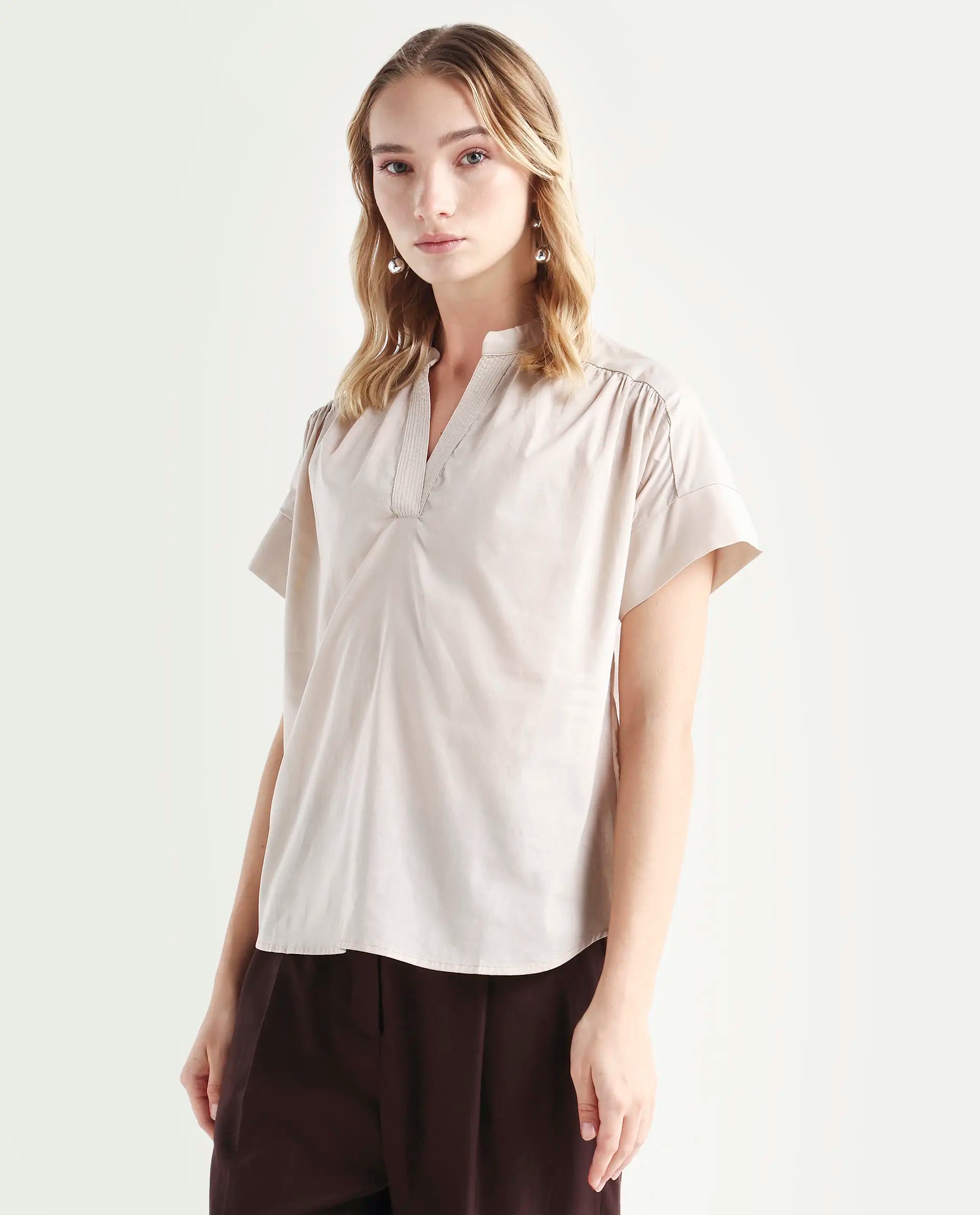 Rareism Women's Nupto Beige Cotton Mandarin Collar Relaxed Fit Plain Top