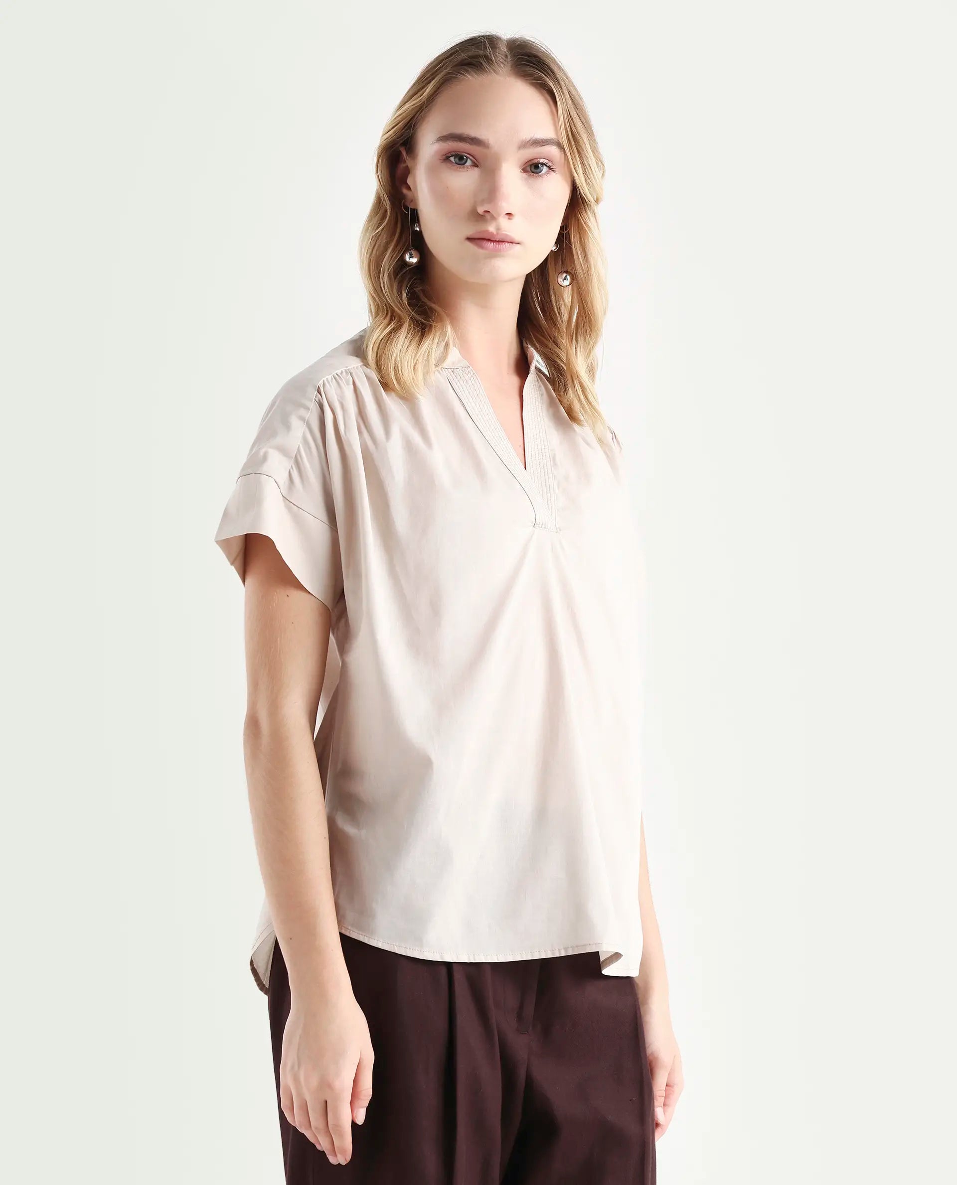 Rareism Women's Nupto Beige Cotton Mandarin Collar Relaxed Fit Plain Top