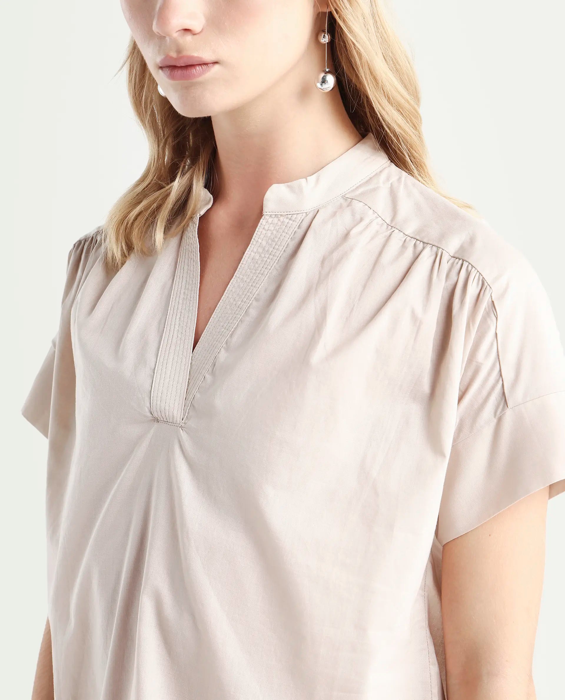 Rareism Women's Nupto Beige Cotton Mandarin Collar Relaxed Fit Plain Top