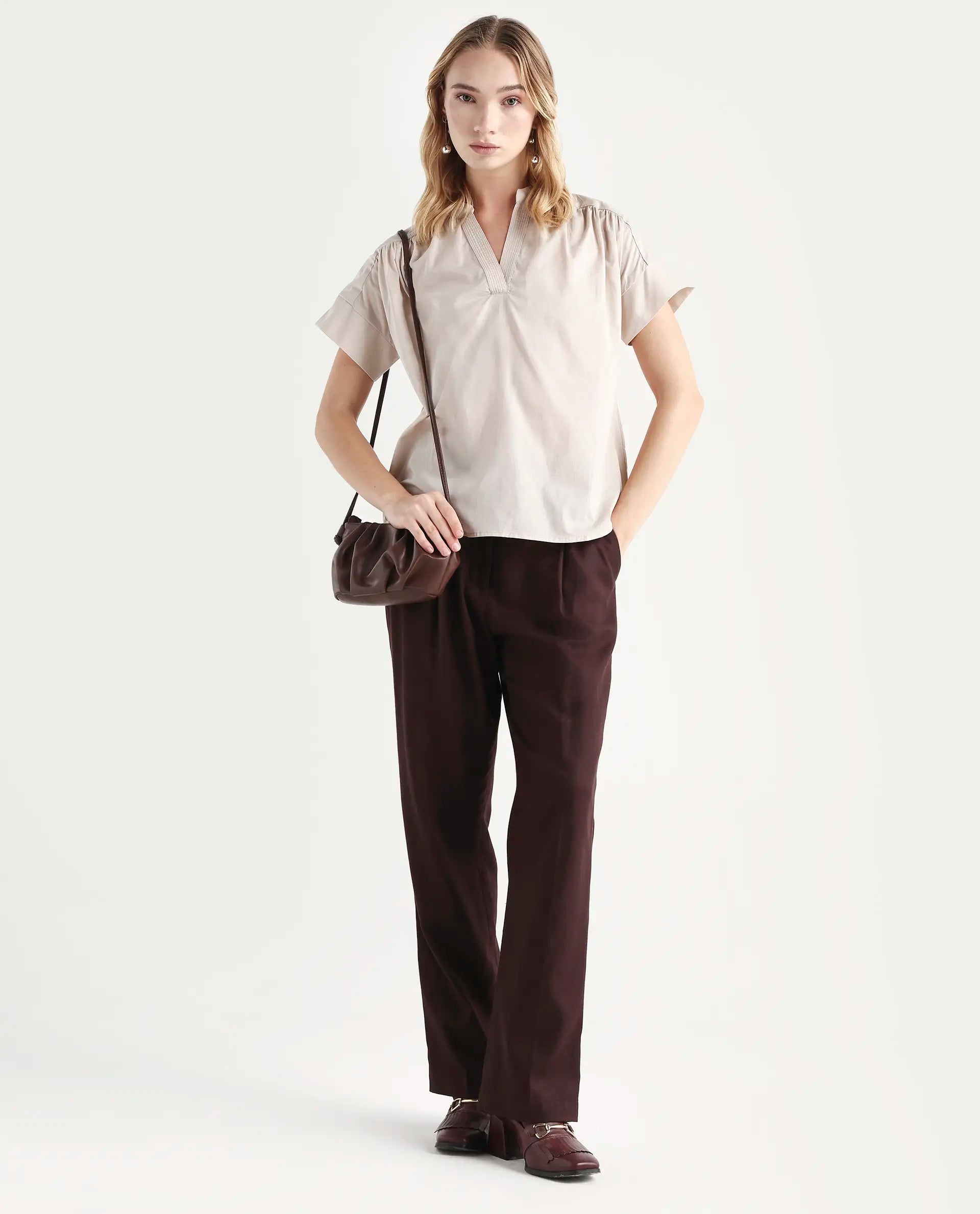 Rareism Women's Nupto Beige Cotton Mandarin Collar Relaxed Fit Plain Top