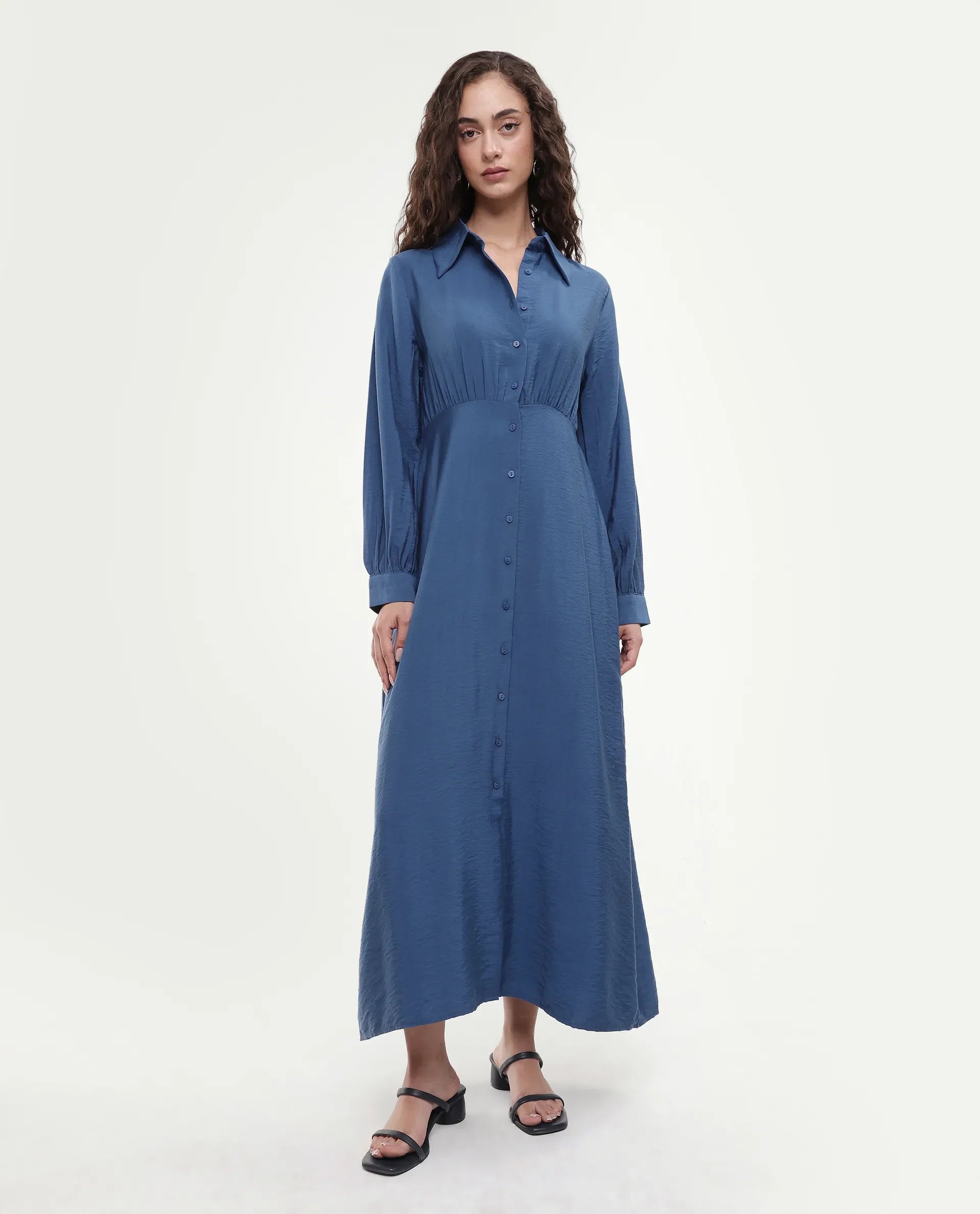 Rareism Women's Jenzif Blue Viscose Blend Collared Neck A-Line Plain Dress
