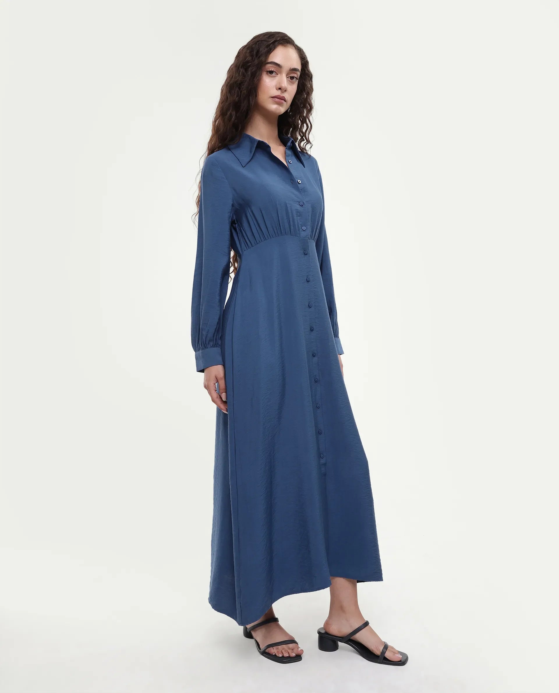 Rareism Women's Jenzif Blue Viscose Blend Collared Neck A-Line Plain Dress