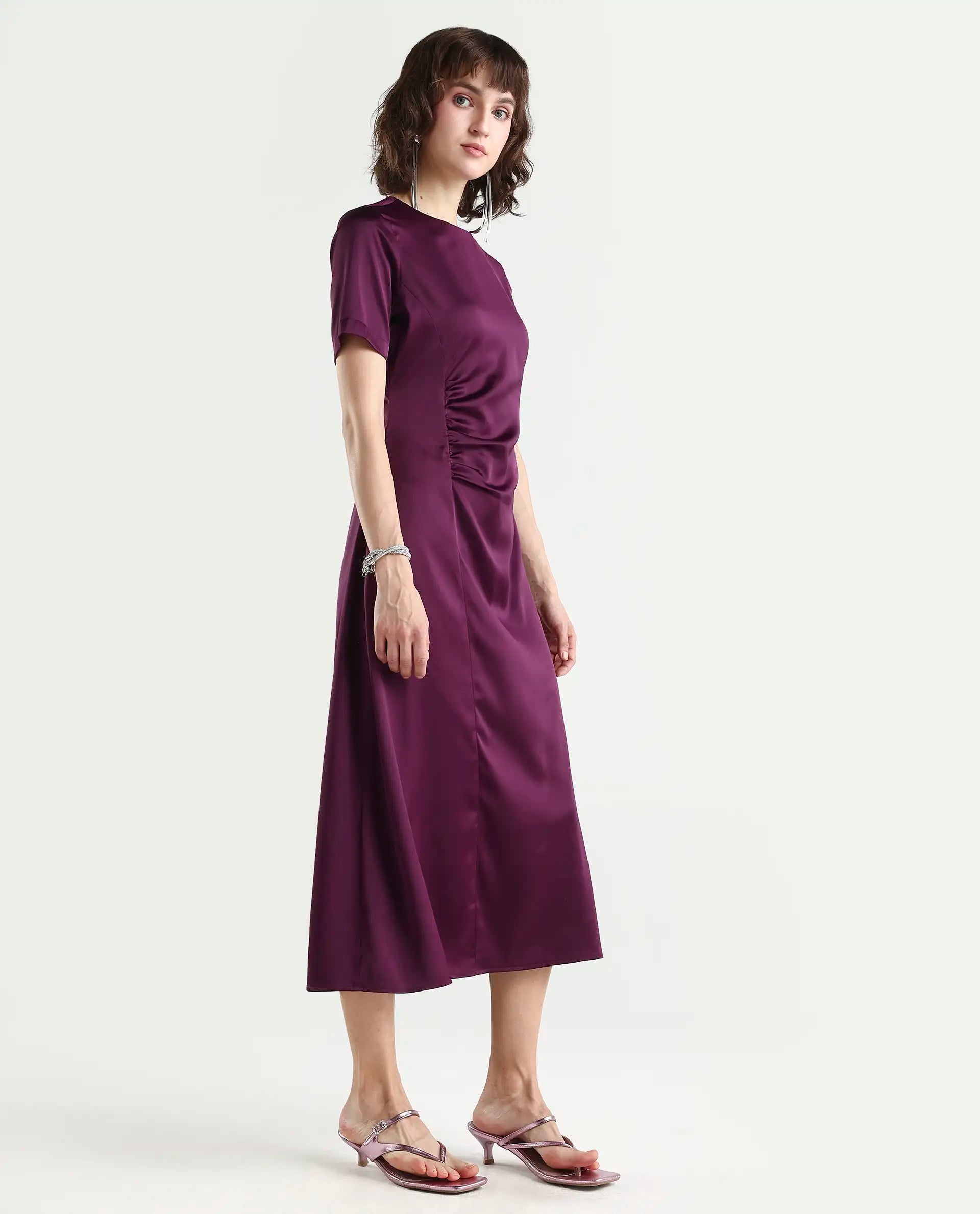 Rareism Women's Jendro Maroon Polyester Fit & Flare Midi Dress