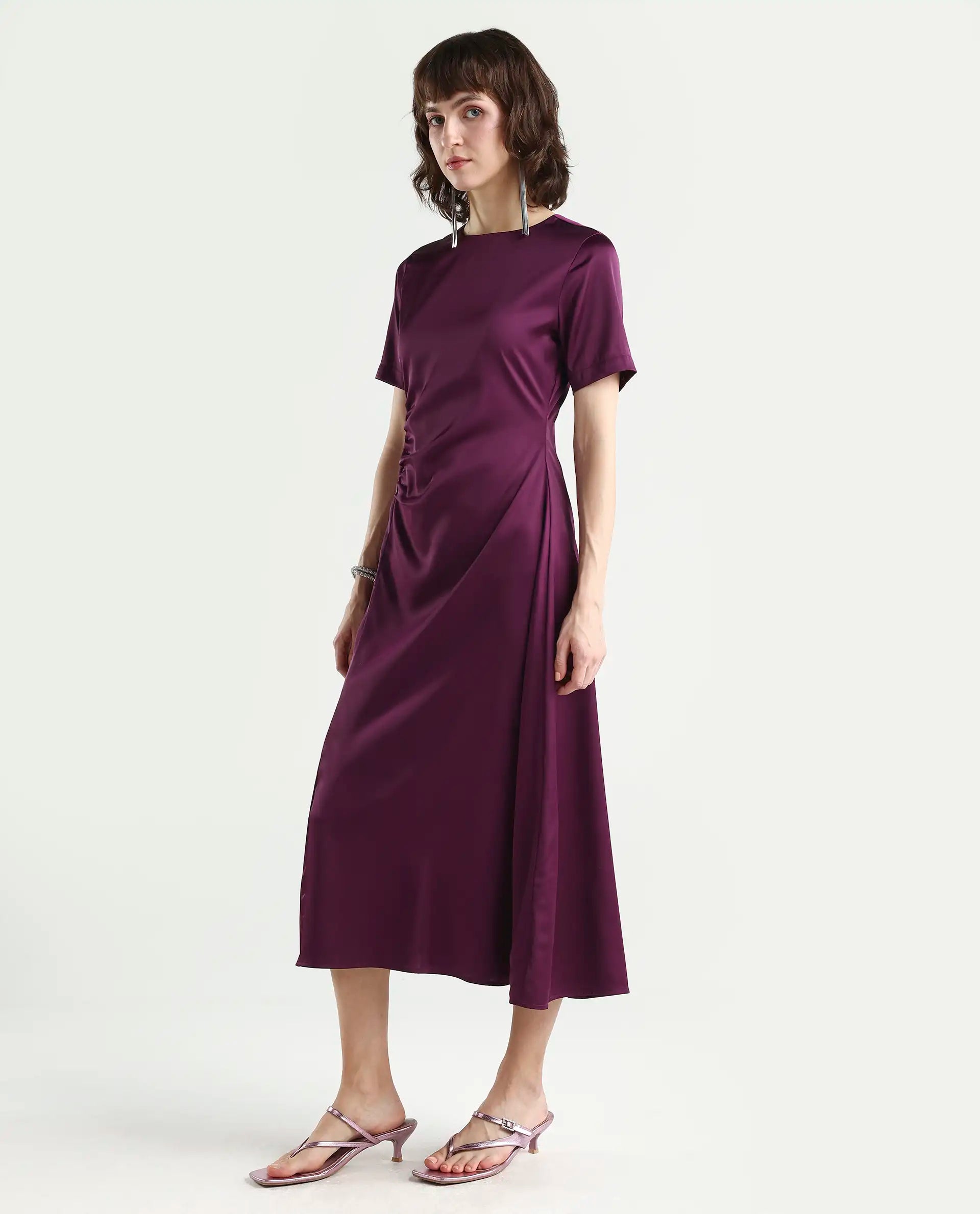 Rareism Women's Jendro Maroon Polyester Fit & Flare Midi Dress