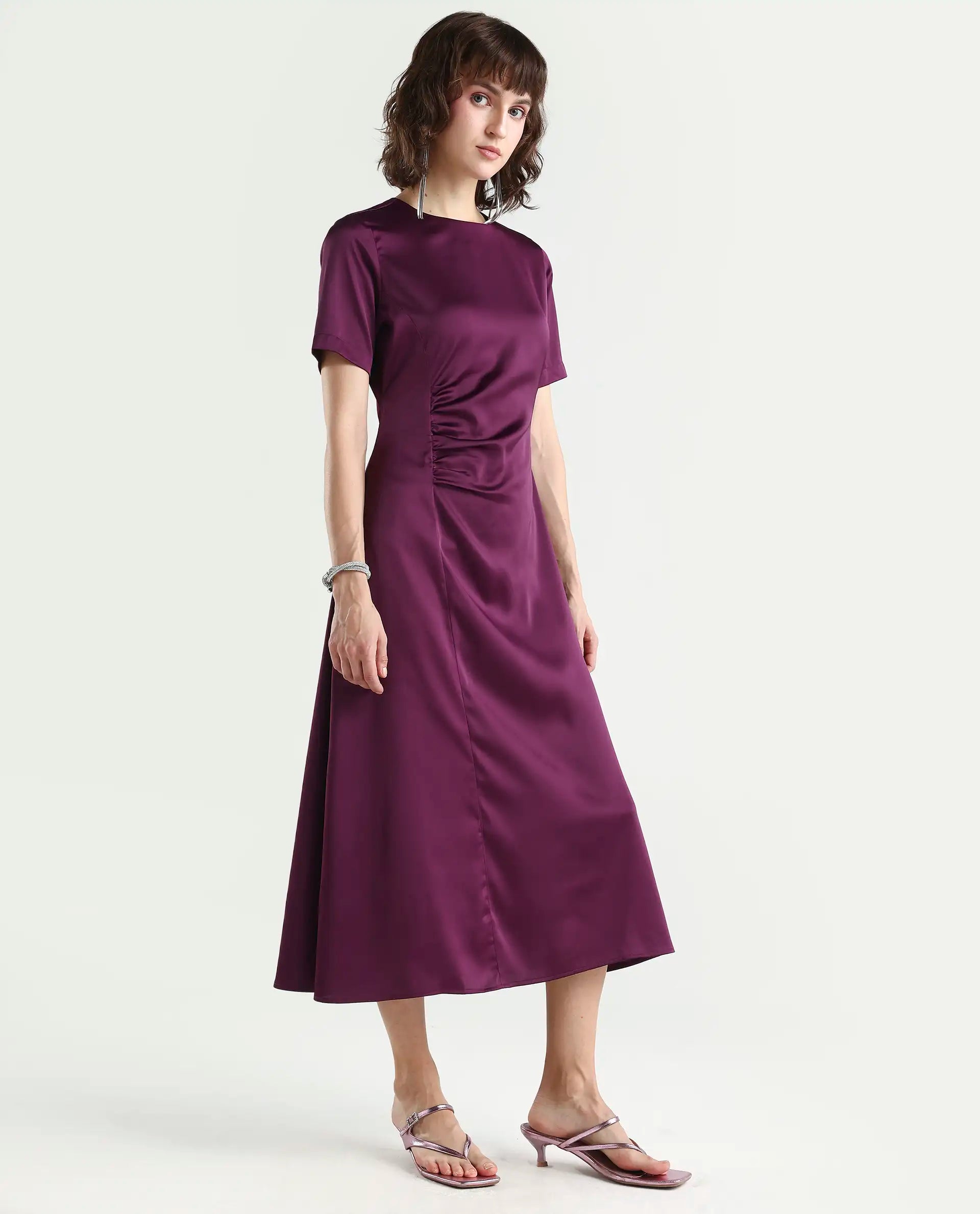 Rareism Women's Jendro Maroon Polyester Fit & Flare Midi Dress