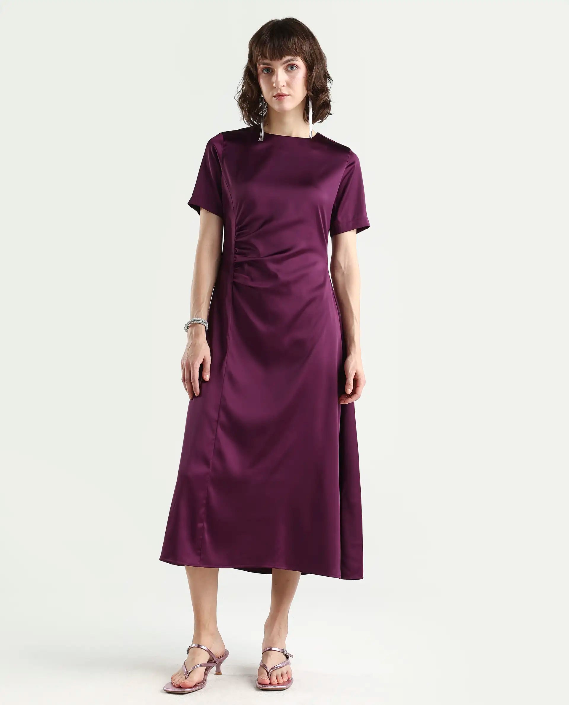 Rareism Women's Jendro Maroon Polyester Fit & Flare Midi Dress