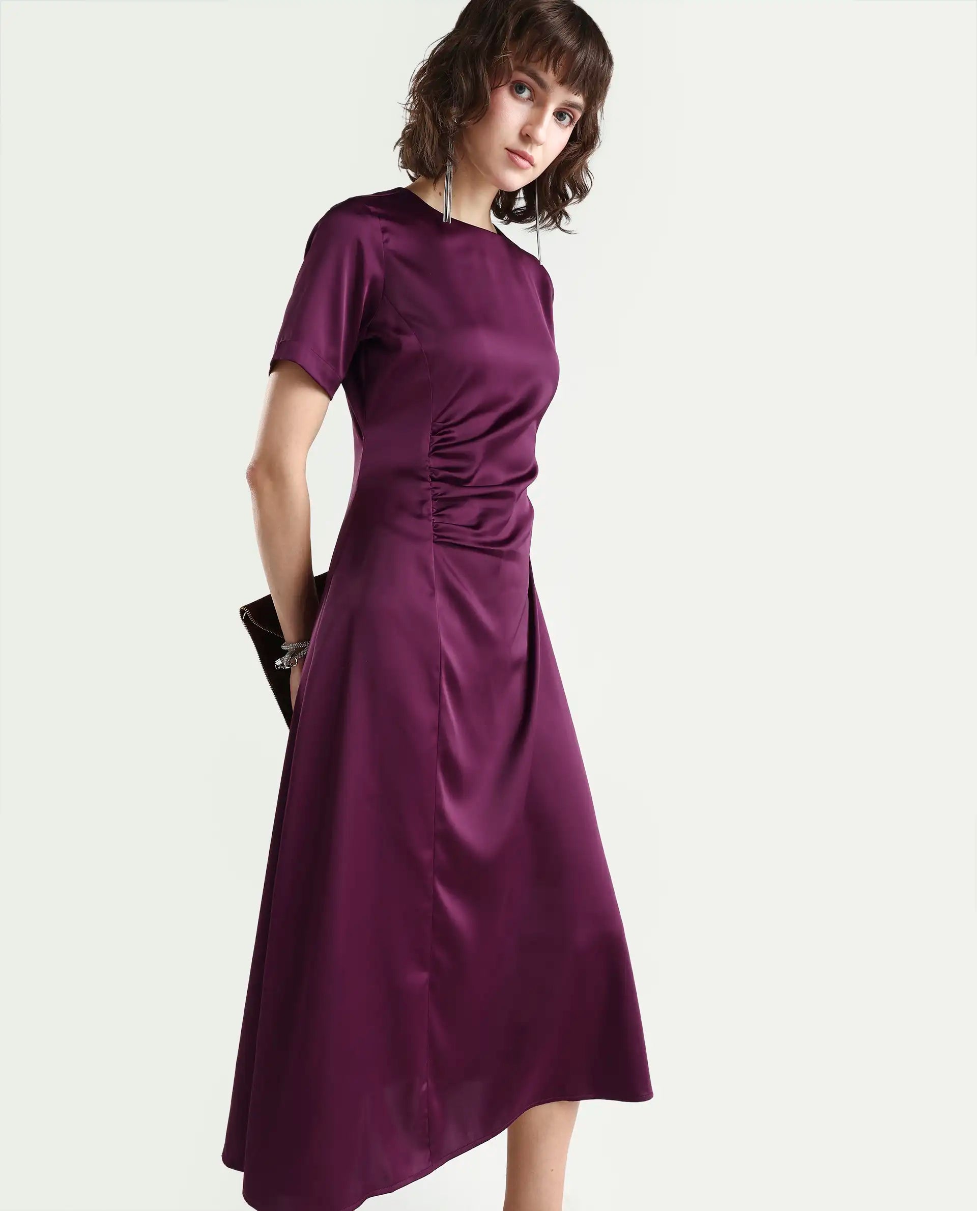 Rareism Women's Jendro Maroon Polyester Fit & Flare Midi Dress