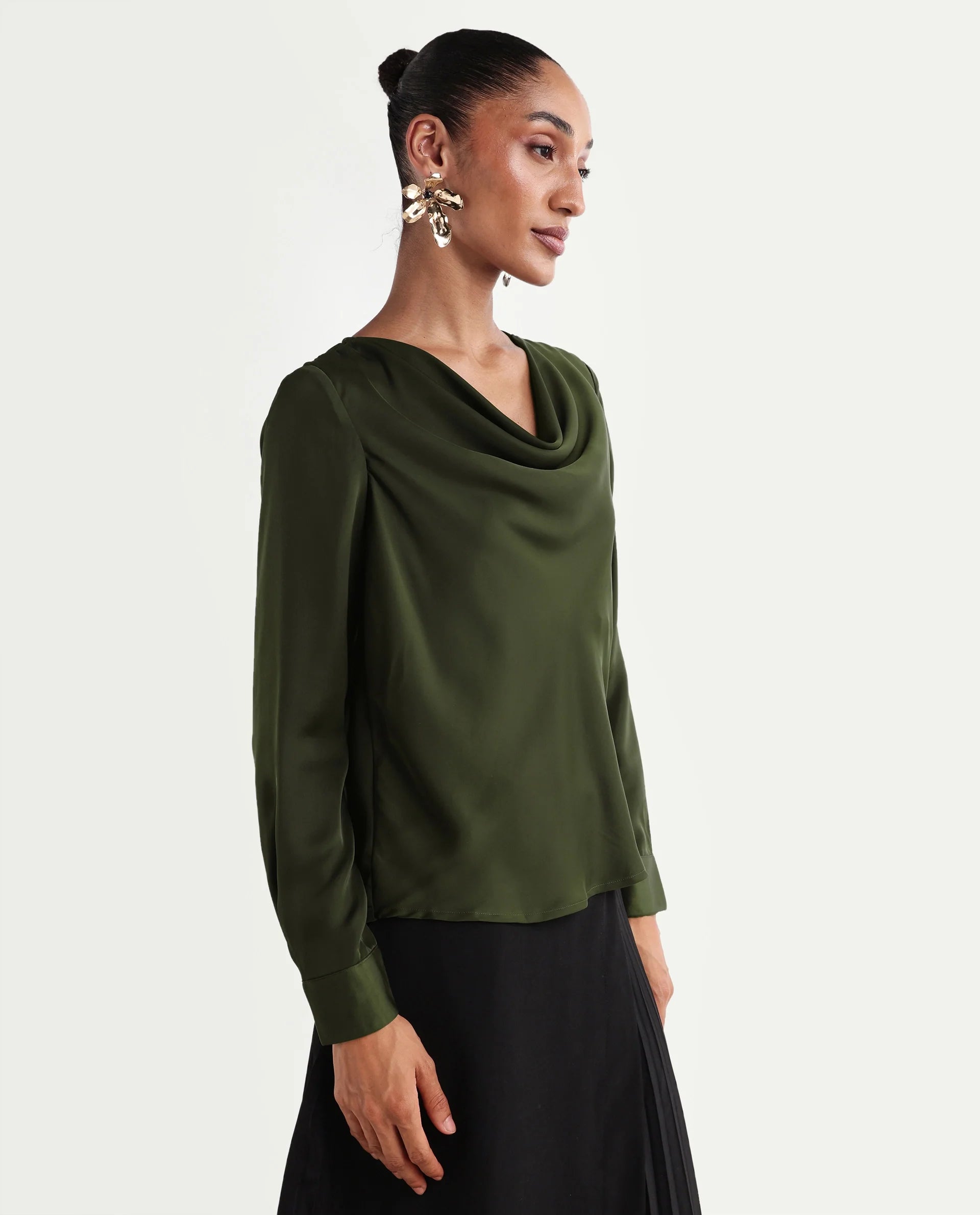 Rareism Women's Avier Olive Polyester Full Sleeve Cowl Neck Regular Fit Plain Top
