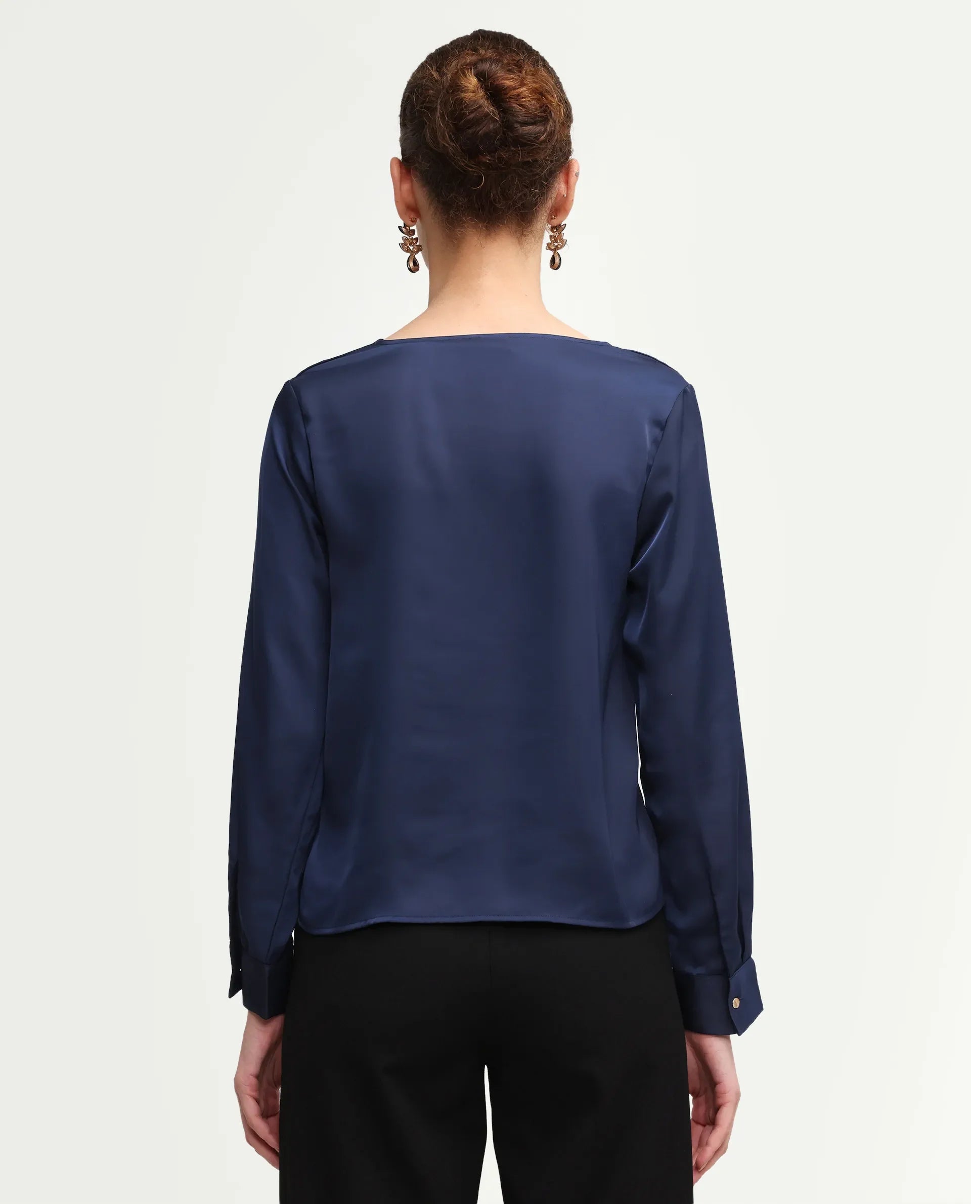 Rareism Women's Avier Navy Polyester Cowl Neck Regular Fit Plain Top