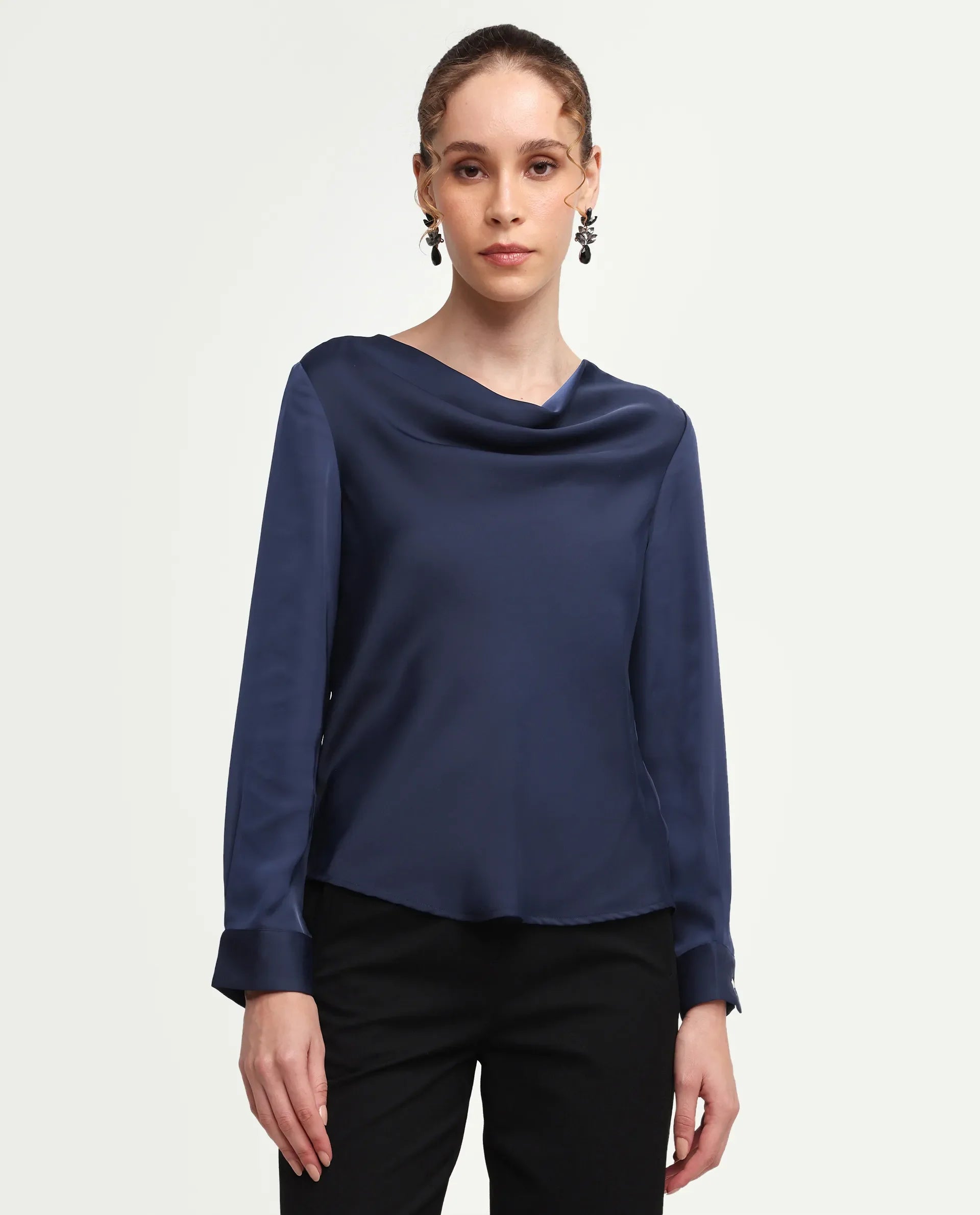 Rareism Women's Avier Navy Polyester Cowl Neck Regular Fit Plain Top