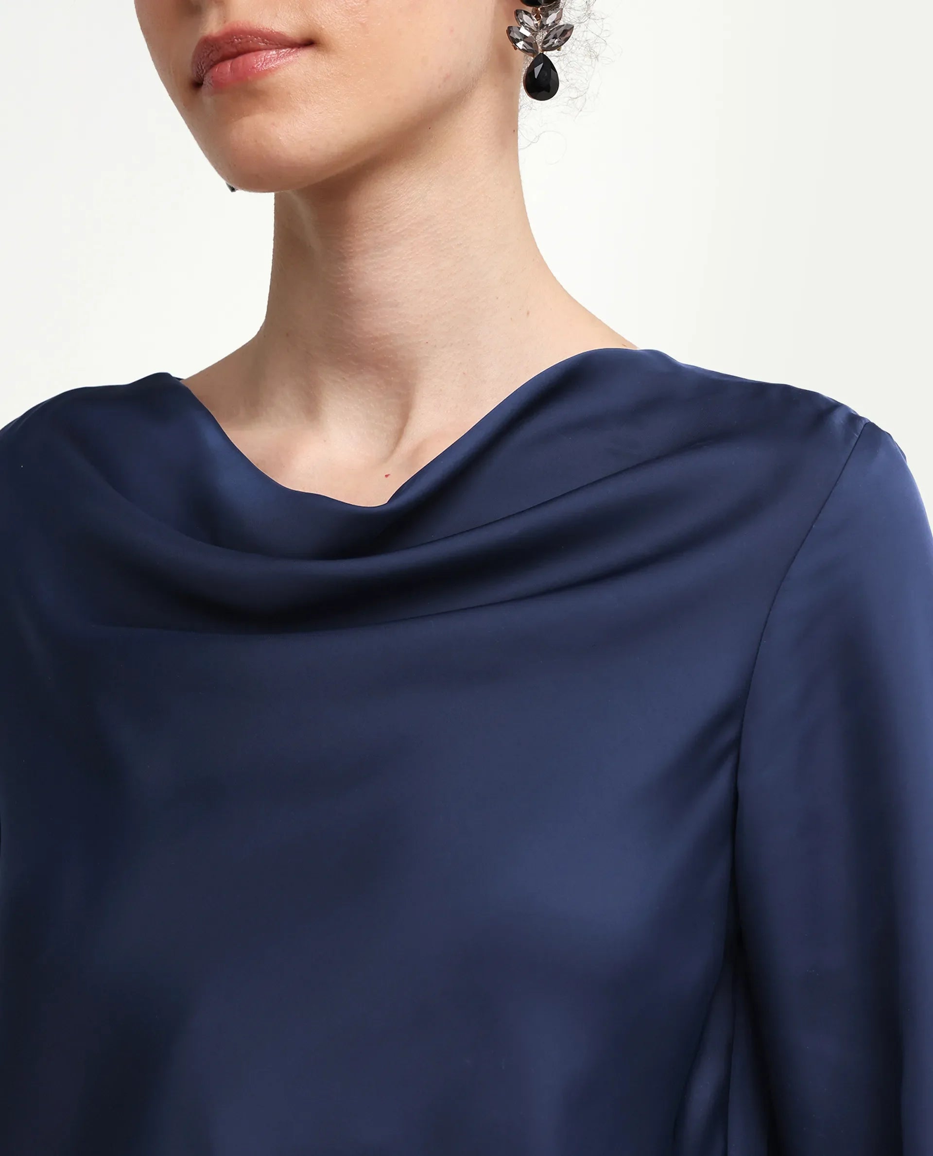 Rareism Women's Avier Navy Polyester Cowl Neck Regular Fit Plain Top