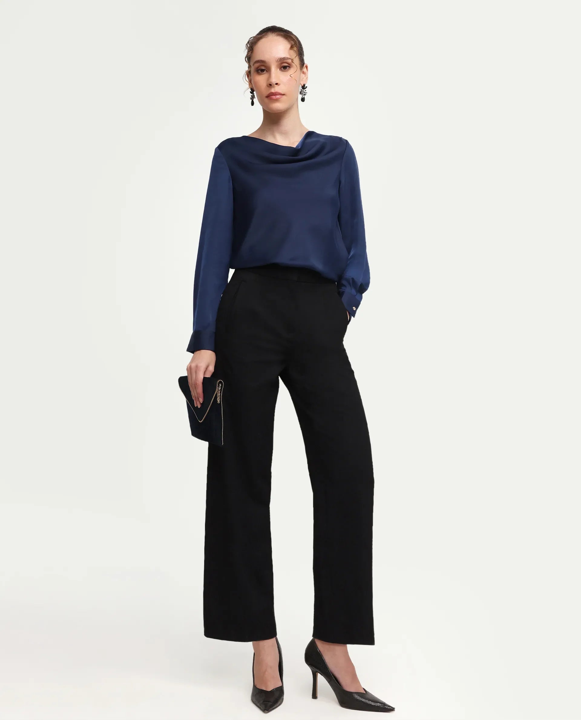 Rareism Women's Avier Navy Polyester Cowl Neck Regular Fit Plain Top