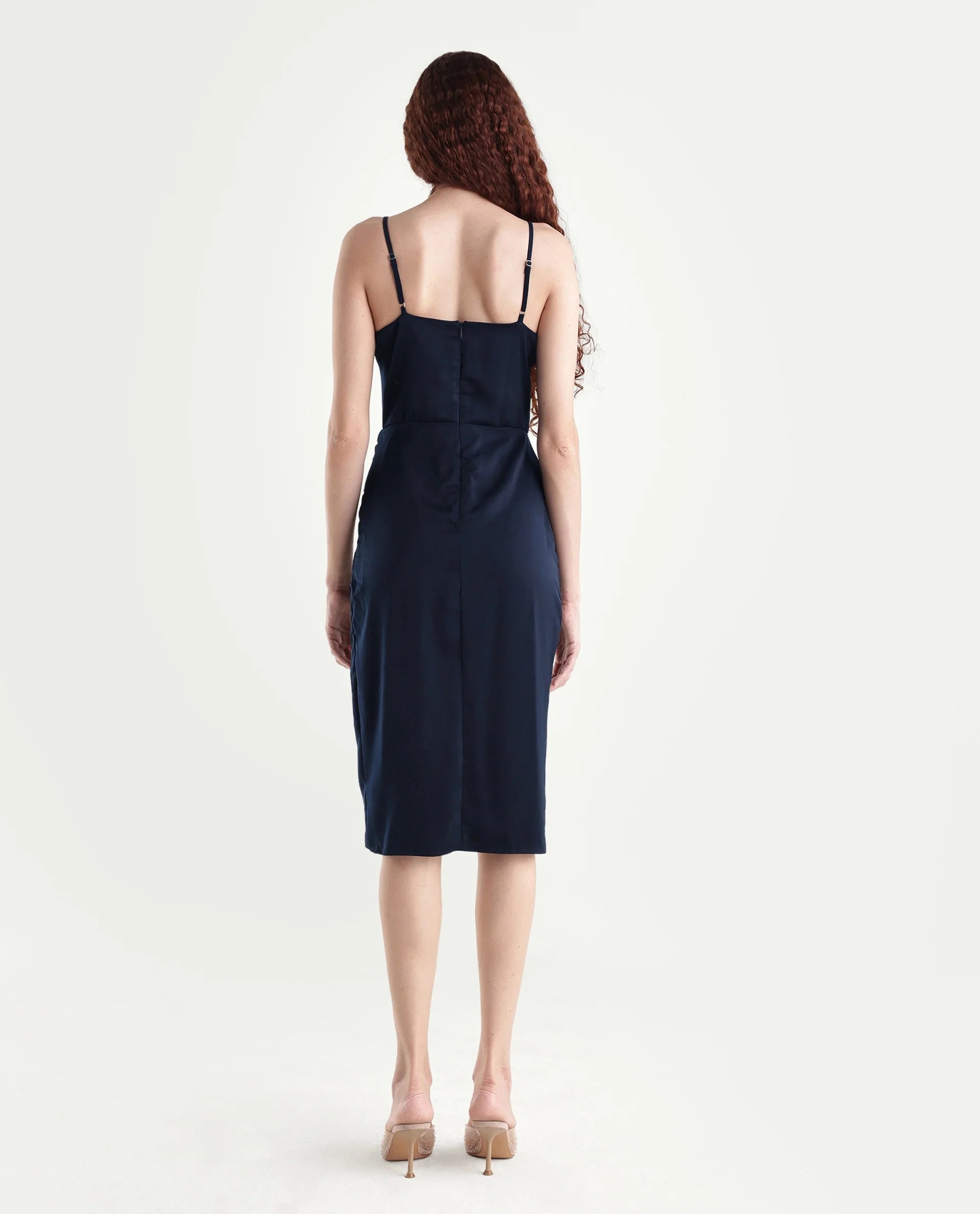 Rareism Women's Avilu Navy Polyester Shoulder Straps Fitted Plain Dress