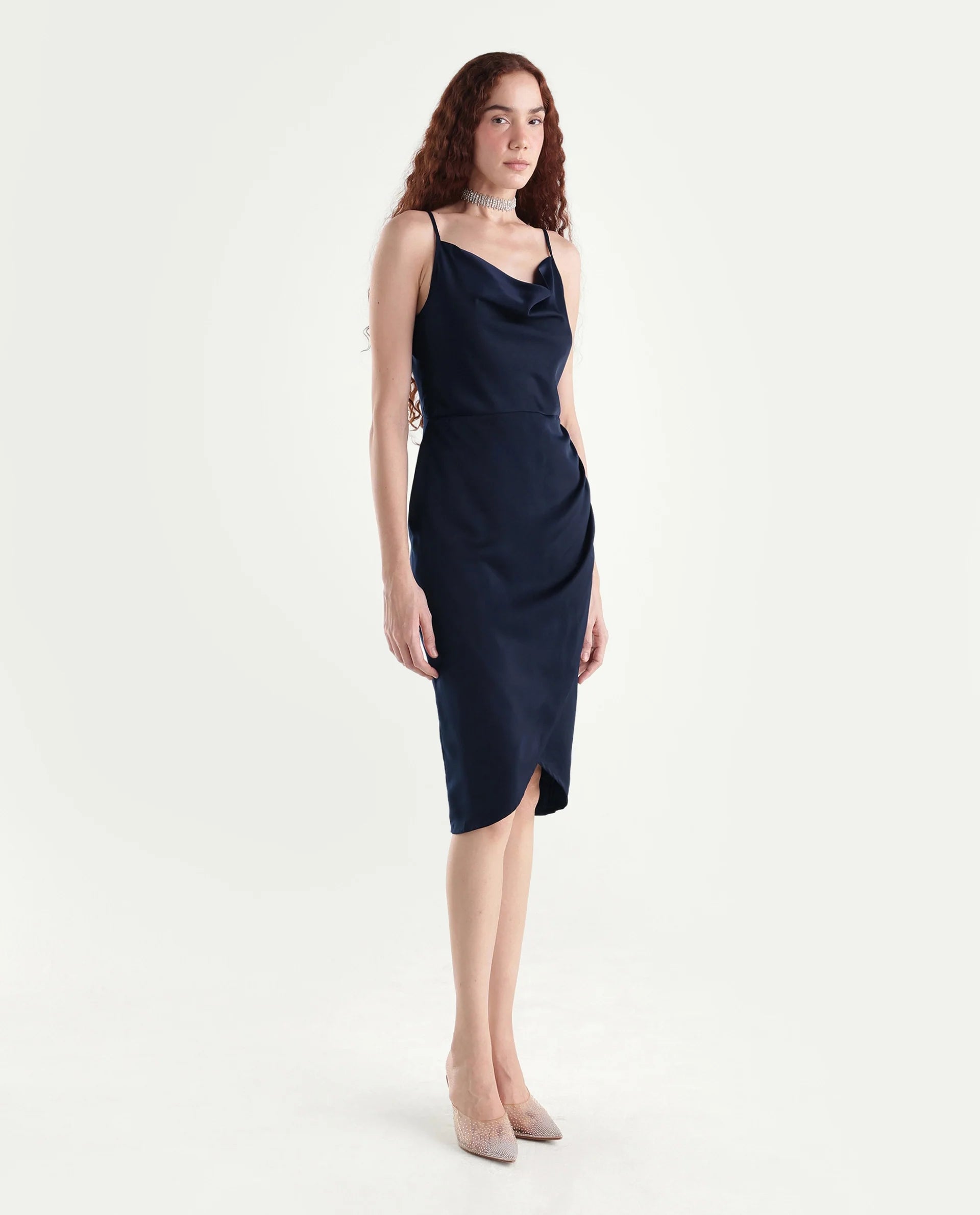 Rareism Women's Avilu Navy Polyester Shoulder Straps Fitted Plain Dress