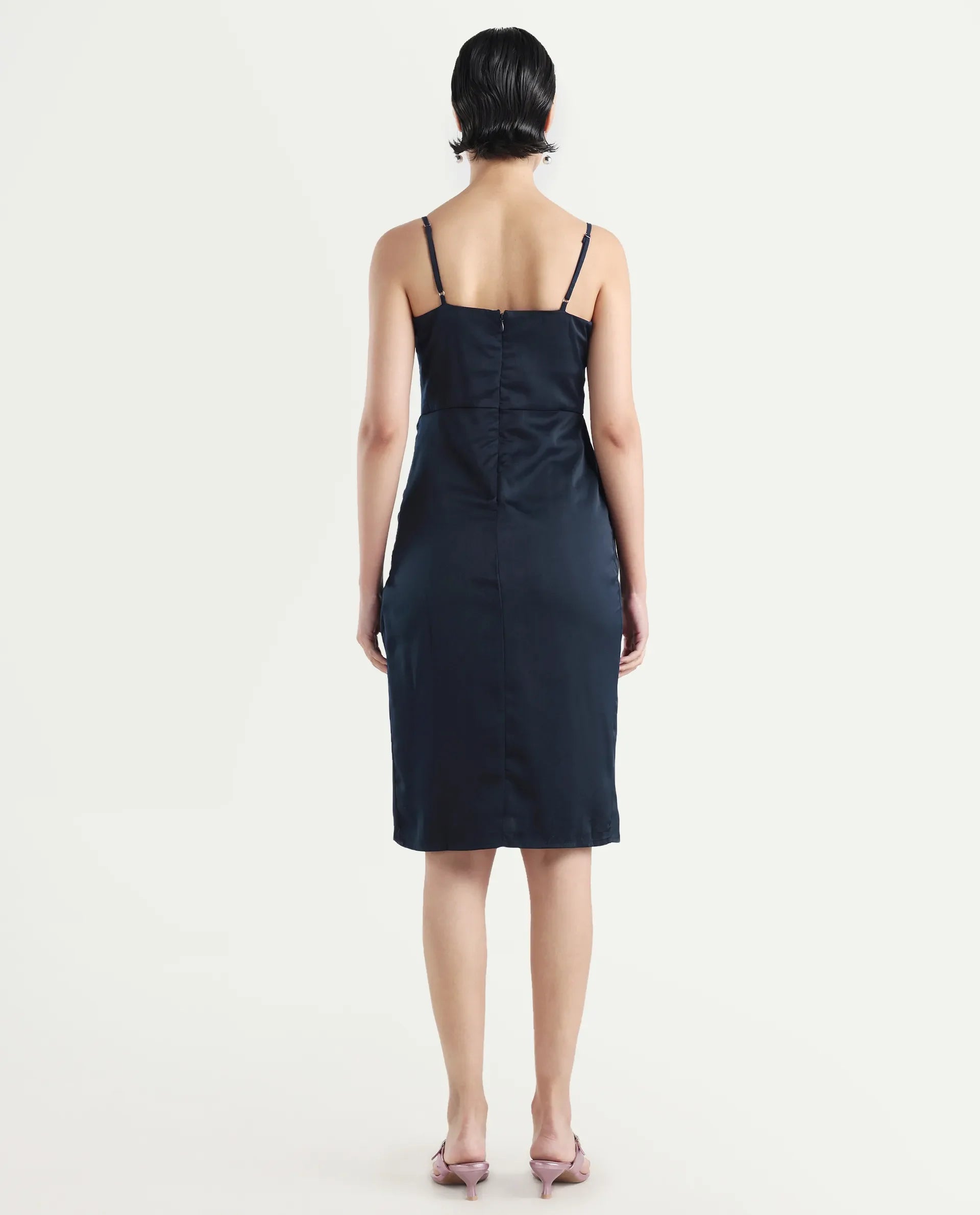 Rareism Women's Avilu Navy Polyester Shoulder Straps Fitted Plain Dress