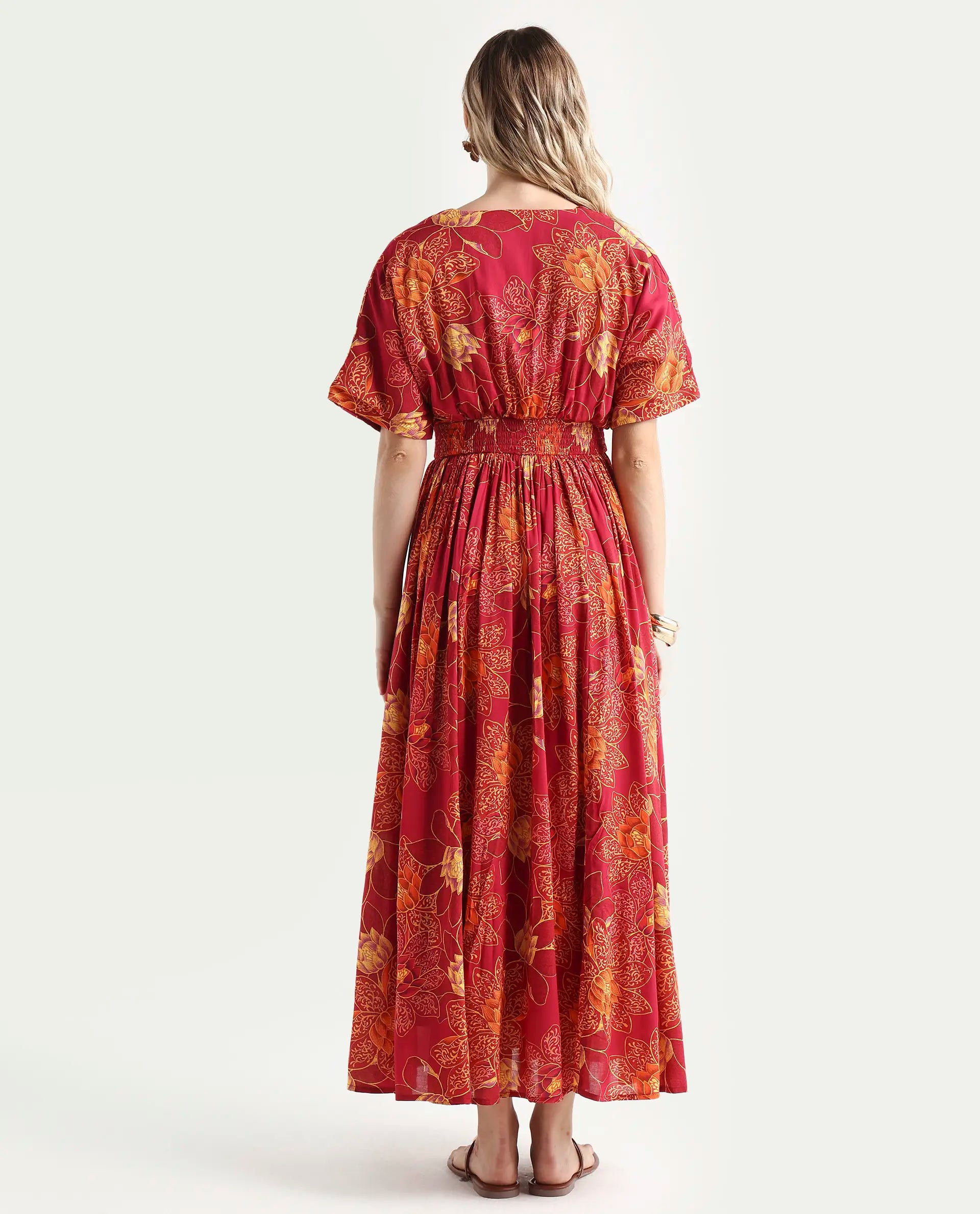 Rareism Women's Avimay Pink Modal V-Neck Fit And Flare Printed Dress