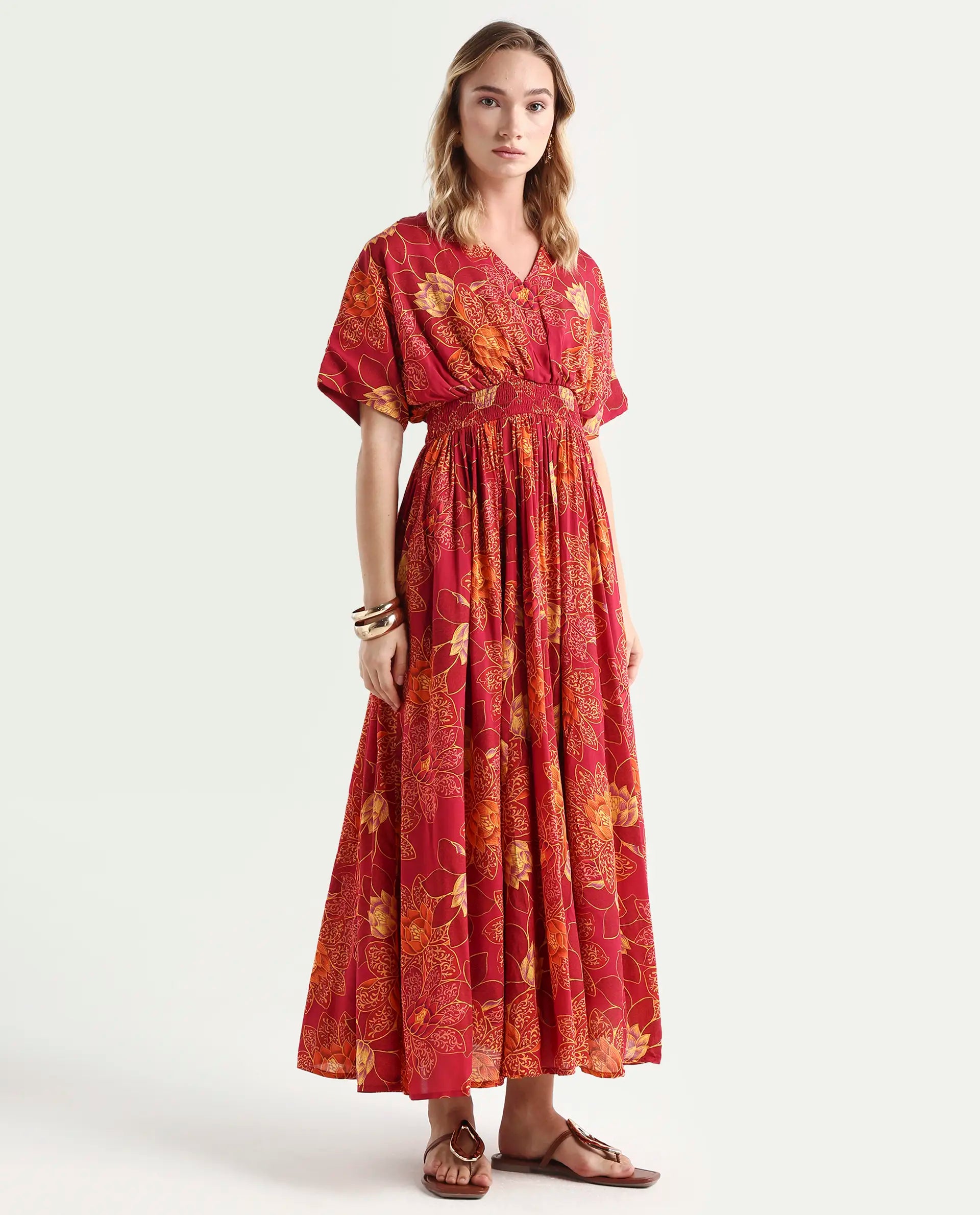 Rareism Women's Avimay Pink Modal V-Neck Fit And Flare Printed Dress