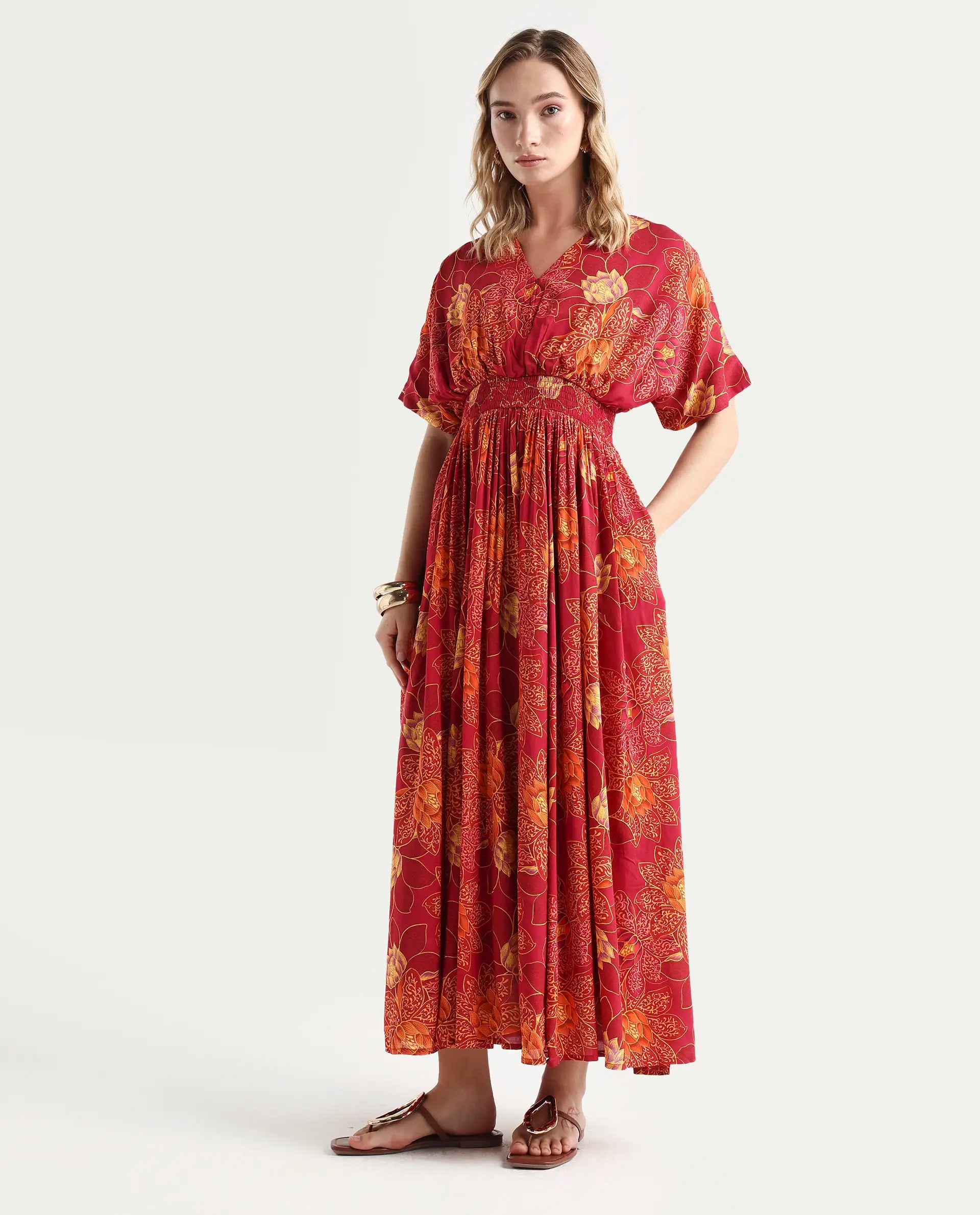 Rareism Women's Avimay Pink Modal V-Neck Fit And Flare Printed Dress