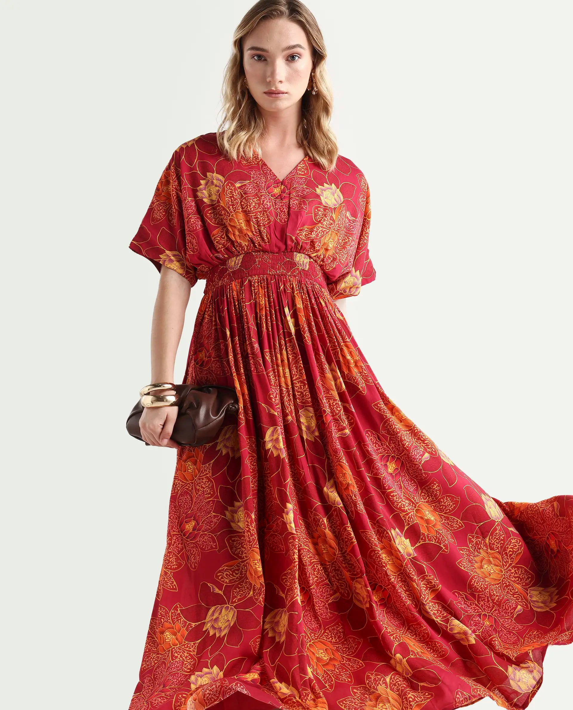 Rareism Women's Avimay Pink Modal V-Neck Fit And Flare Printed Dress