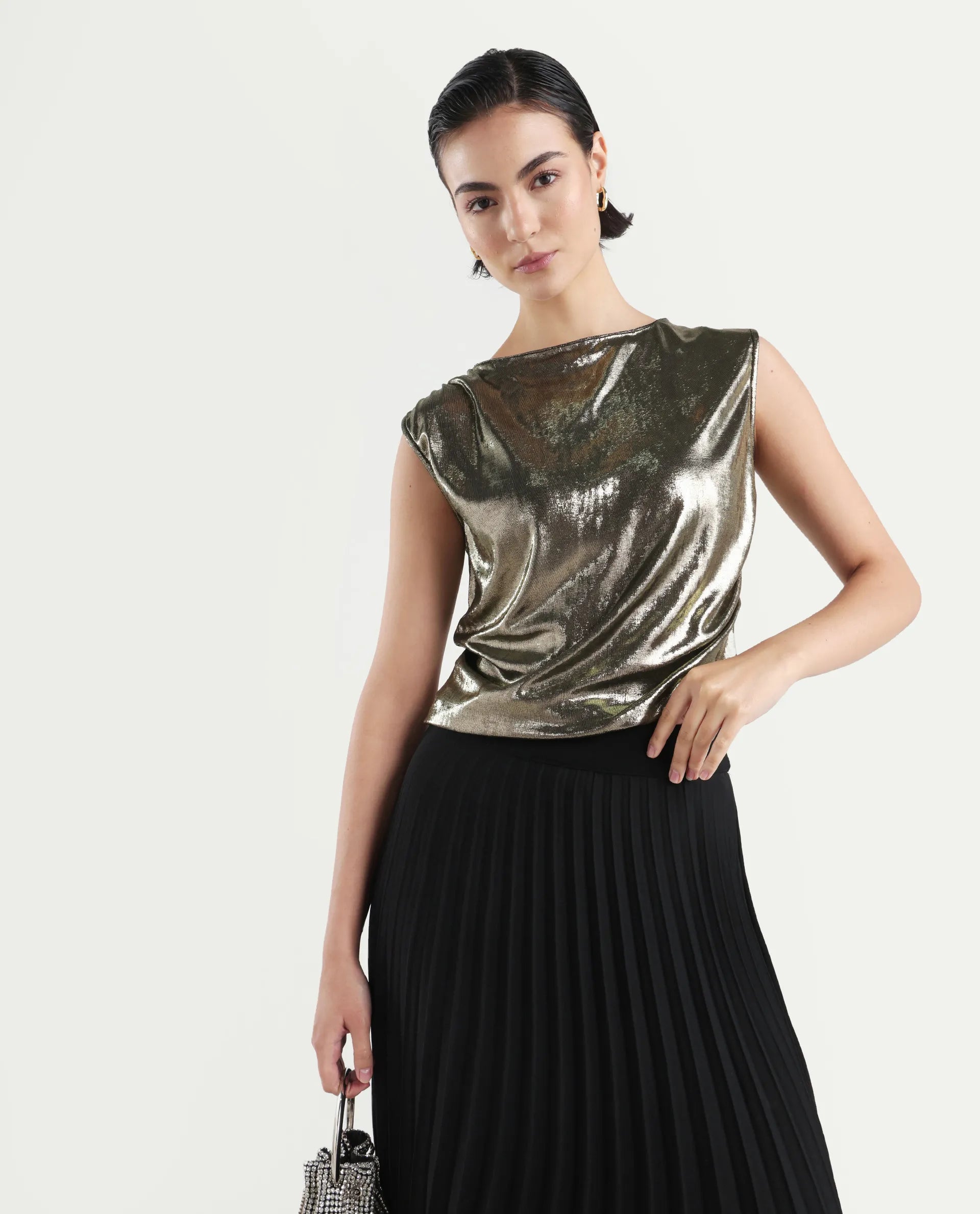 Rareism Women's Aviptus Gold Polyester Boat Neck Fitted Plain Top