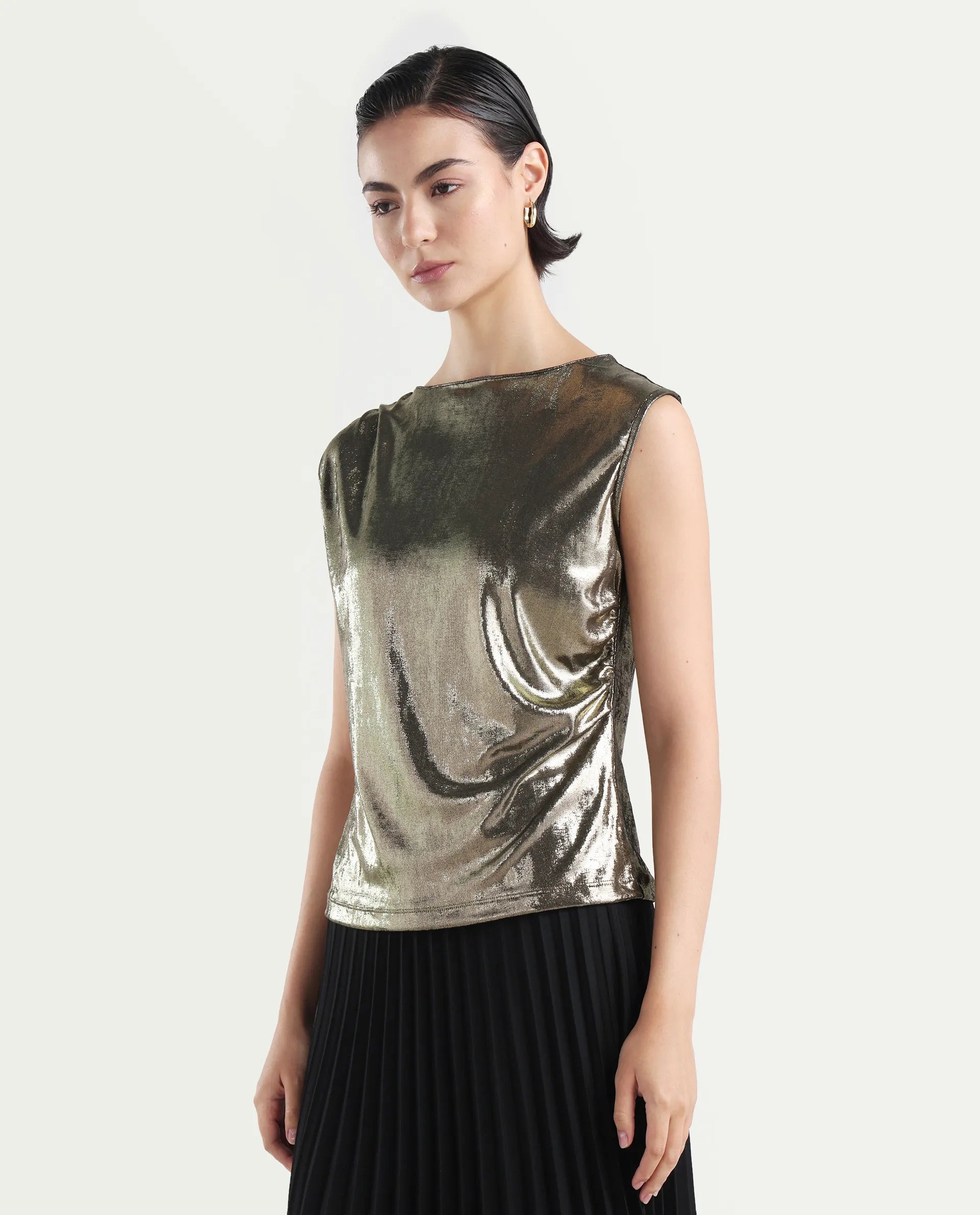 Rareism Women's Aviptus Gold Polyester Boat Neck Fitted Plain Top