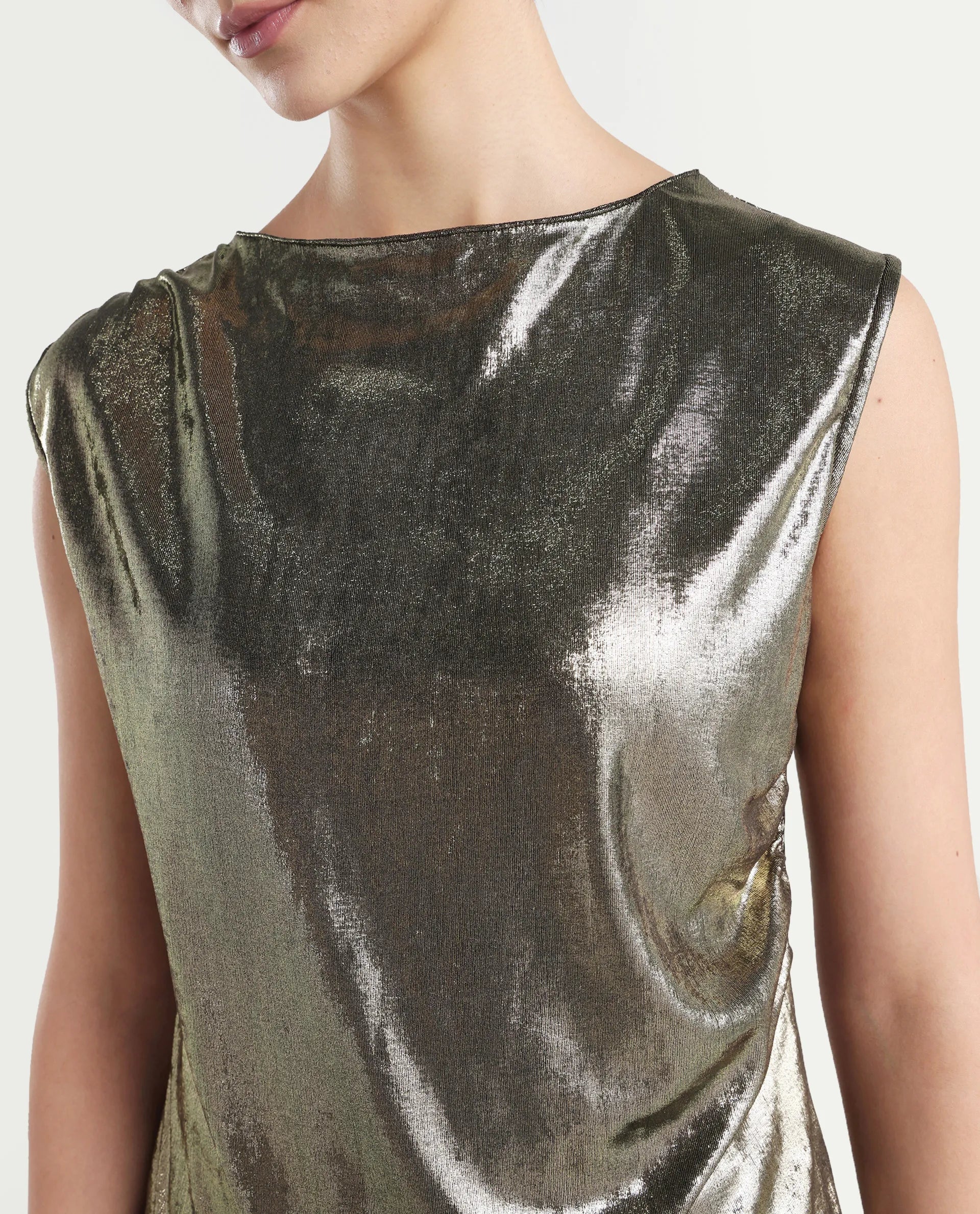 Rareism Women's Aviptus Gold Polyester Boat Neck Fitted Plain Top