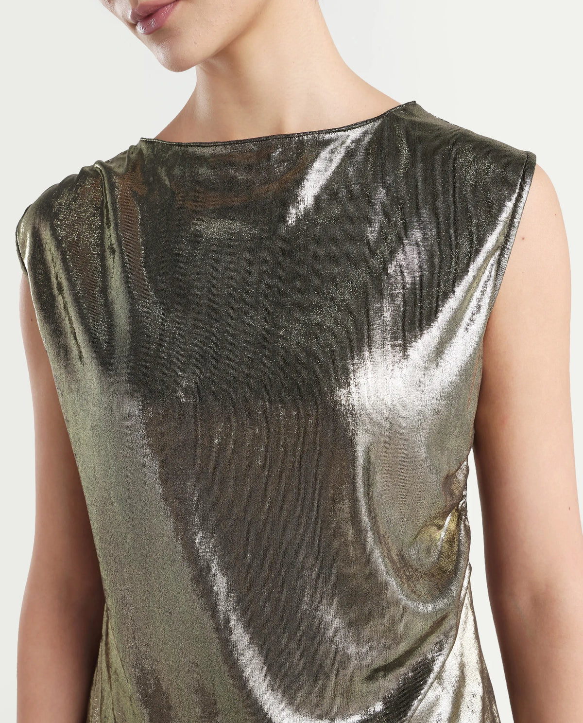 Rareism Women's Aviptus Gold Polyester Boat Neck Fitted Plain Top