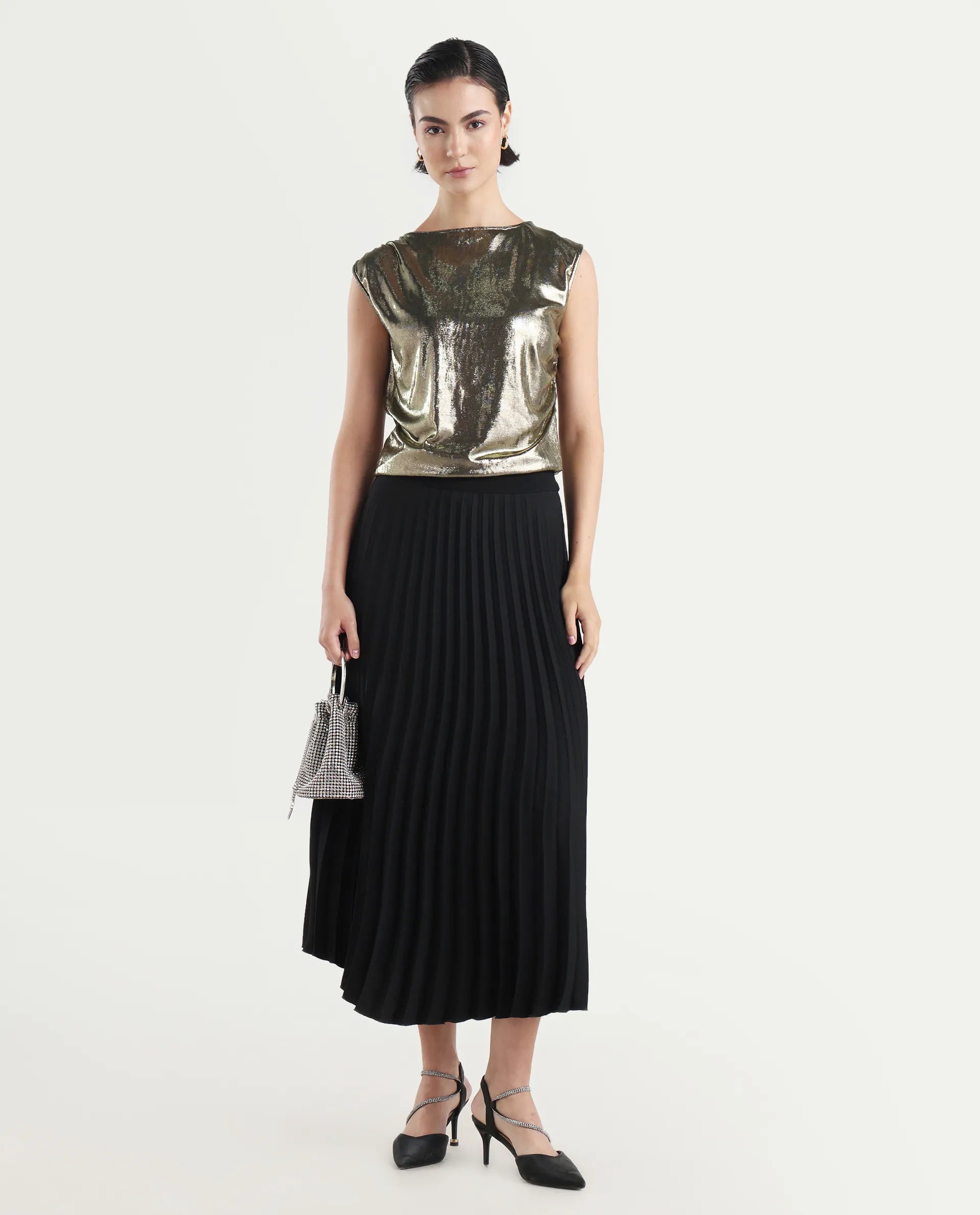 Rareism Women's Aviptus Gold Polyester Boat Neck Fitted Plain Top