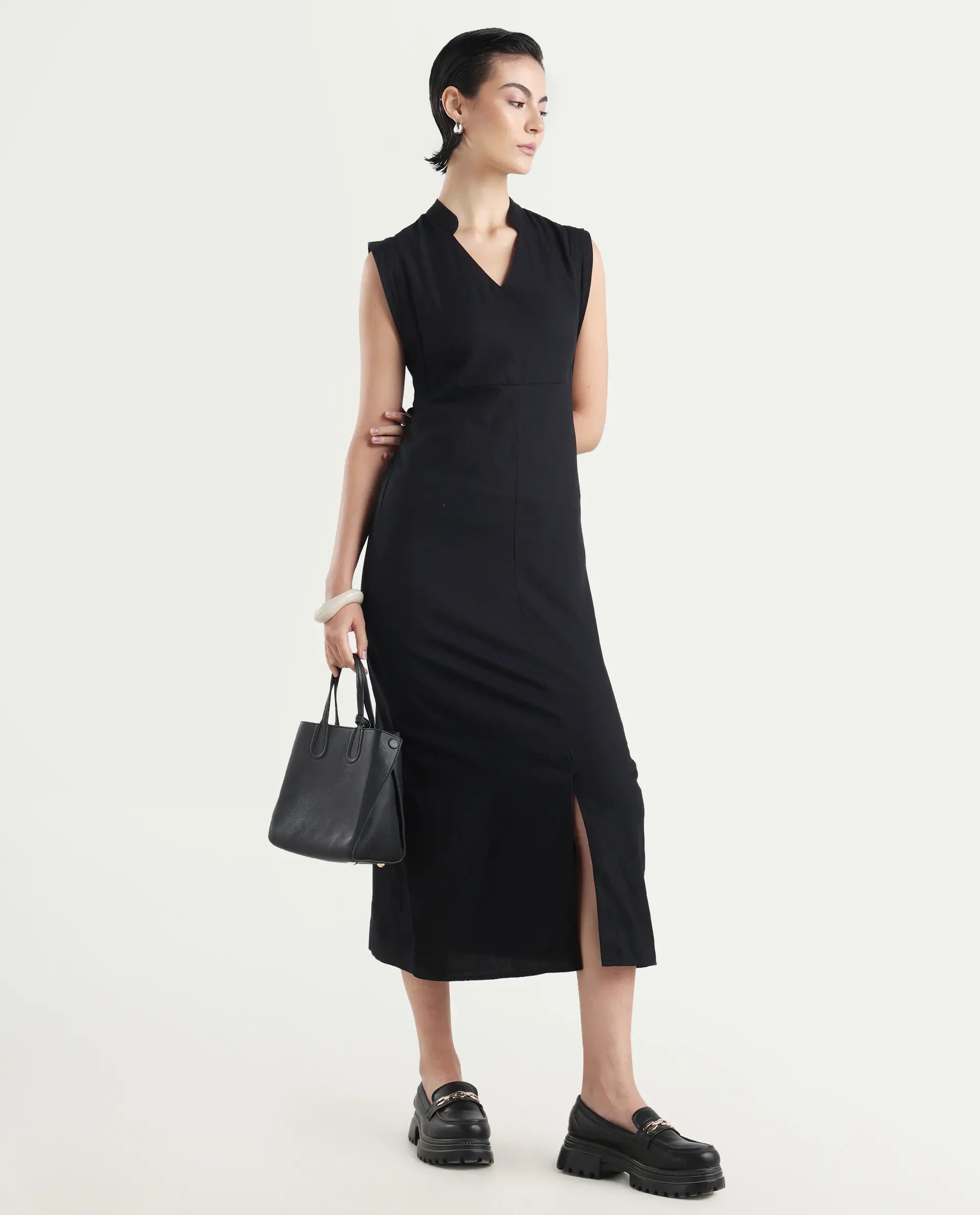Rareism Women's Jenzo Black Cotton Sleeveless Mandarin Collar Straight Fit Plain Dress