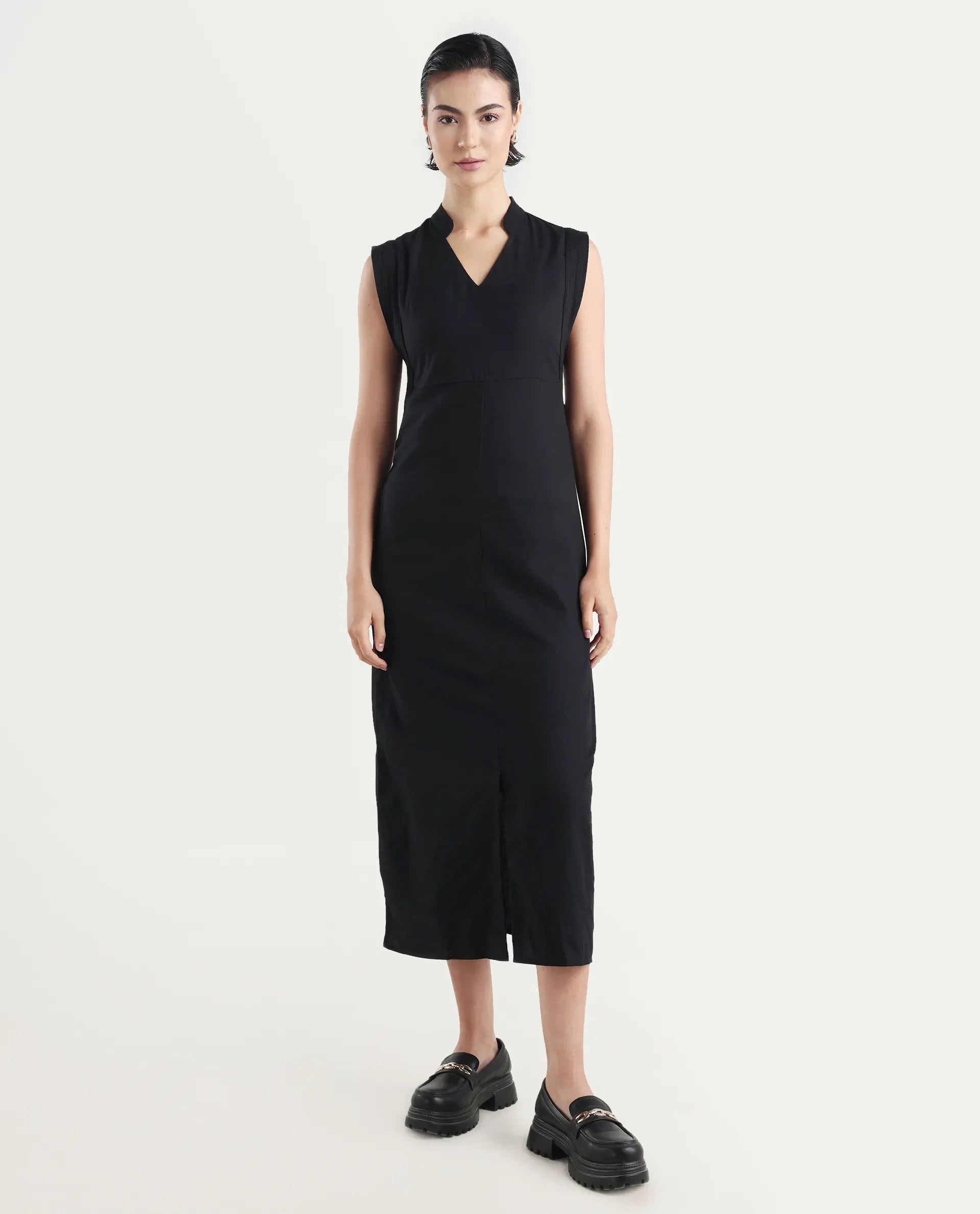 Rareism Women's Jenzo Black Cotton Sleeveless Mandarin Collar Straight Fit Plain Dress