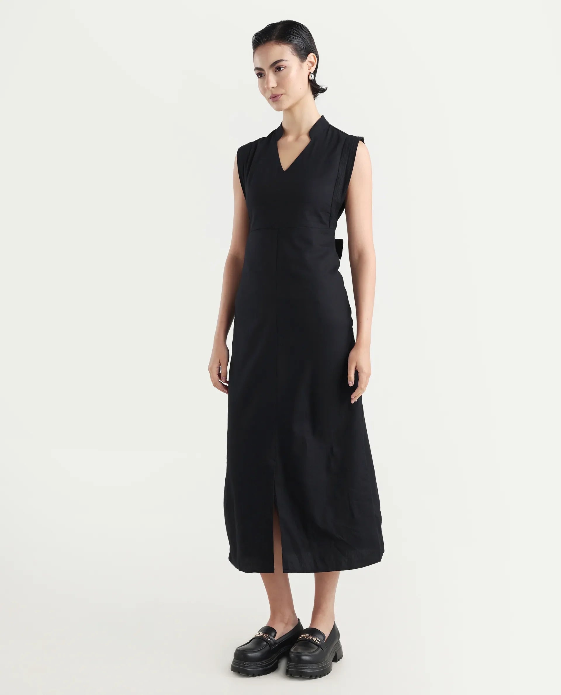 Rareism Women's Jenzo Black Cotton Sleeveless Mandarin Collar Straight Fit Plain Dress