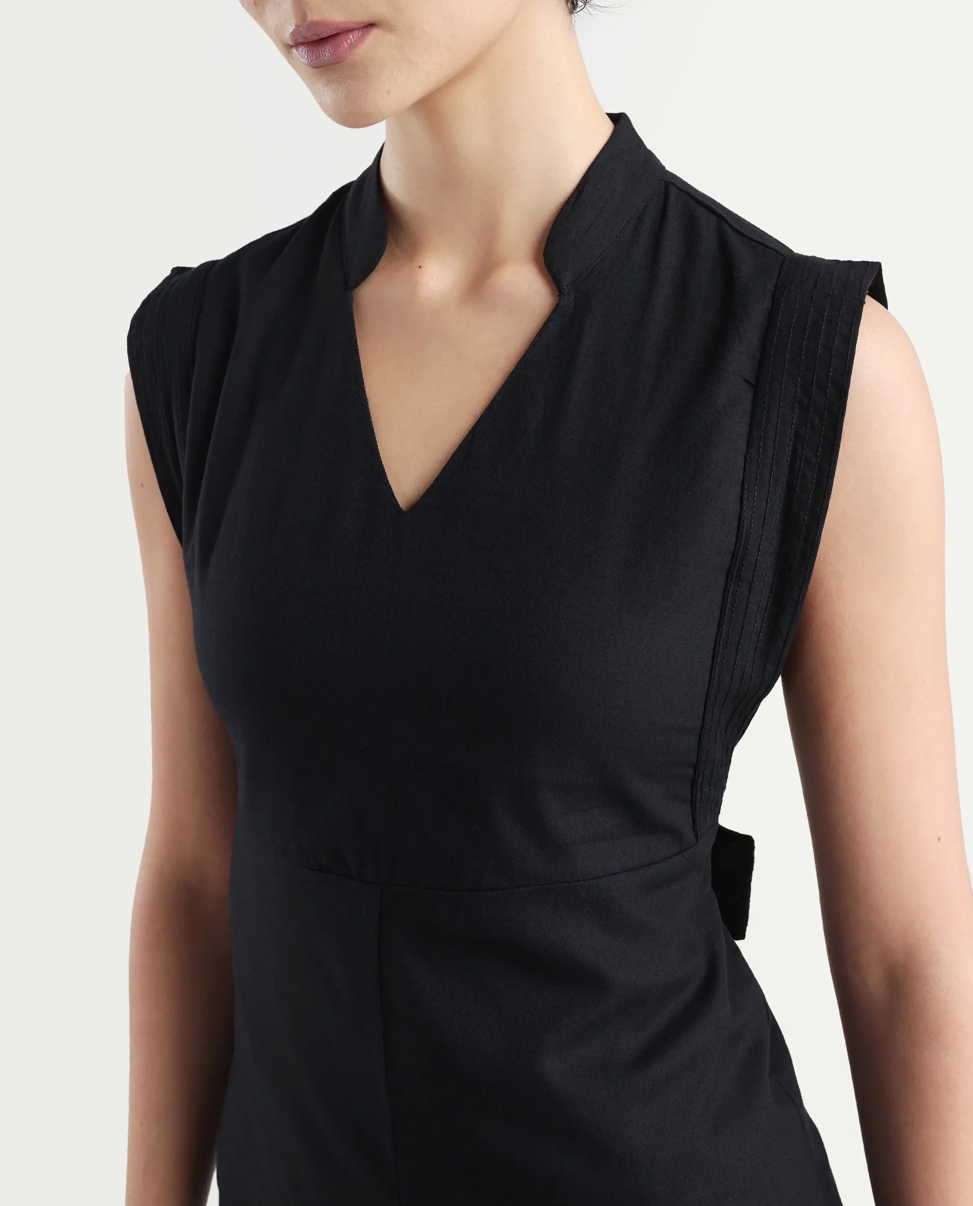 Rareism Women's Jenzo Black Cotton Sleeveless Mandarin Collar Straight Fit Plain Dress