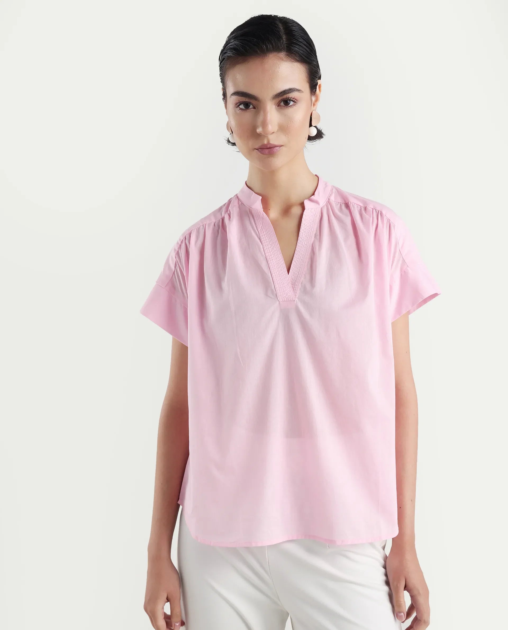Rareism Women's Nupto Pastel Pink Cotton Extended Sleeves Mandarin Collar Relaxed Fit Plain Top