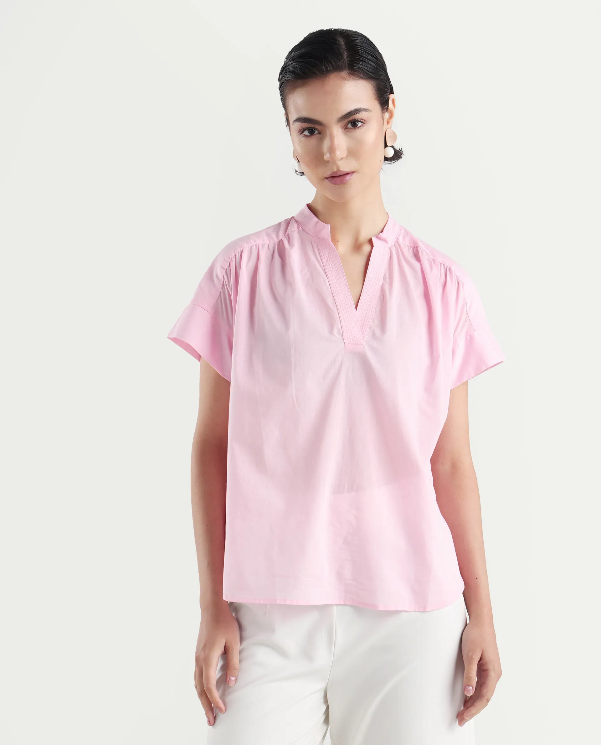 Rareism Women's Nupto Pastel Pink Cotton Extended Sleeves Mandarin Collar Relaxed Fit Plain Top