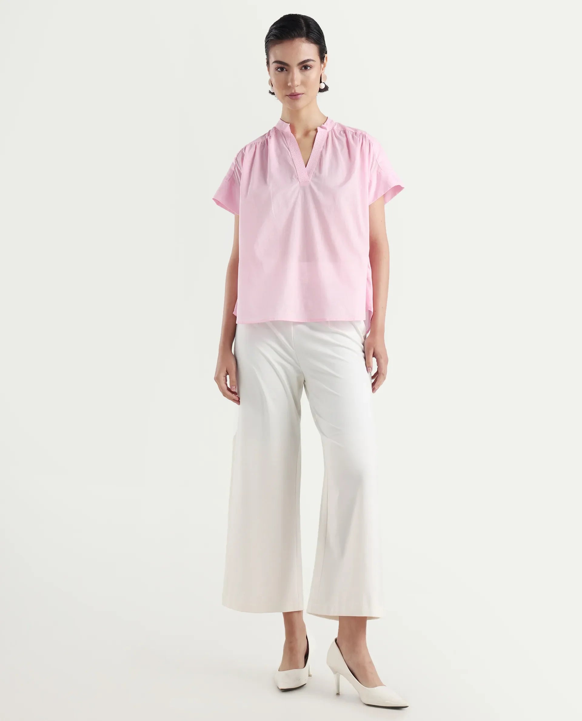 Rareism Women's Nupto Pastel Pink Cotton Extended Sleeves Mandarin Collar Relaxed Fit Plain Top