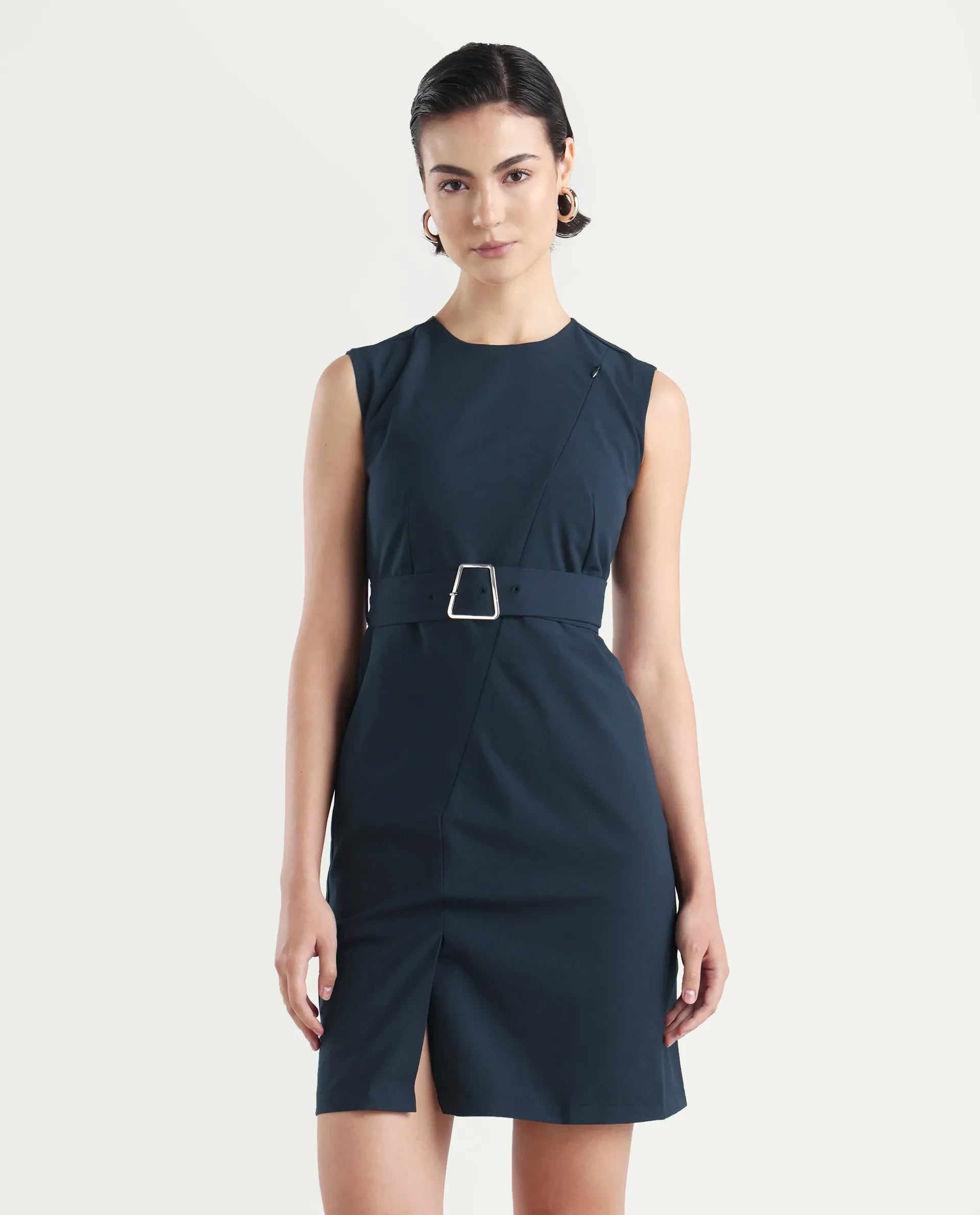 Rareism Women's Jiky Navy Polyester Blend Sleeveless Round Neck Fitted Fit Plain Dress