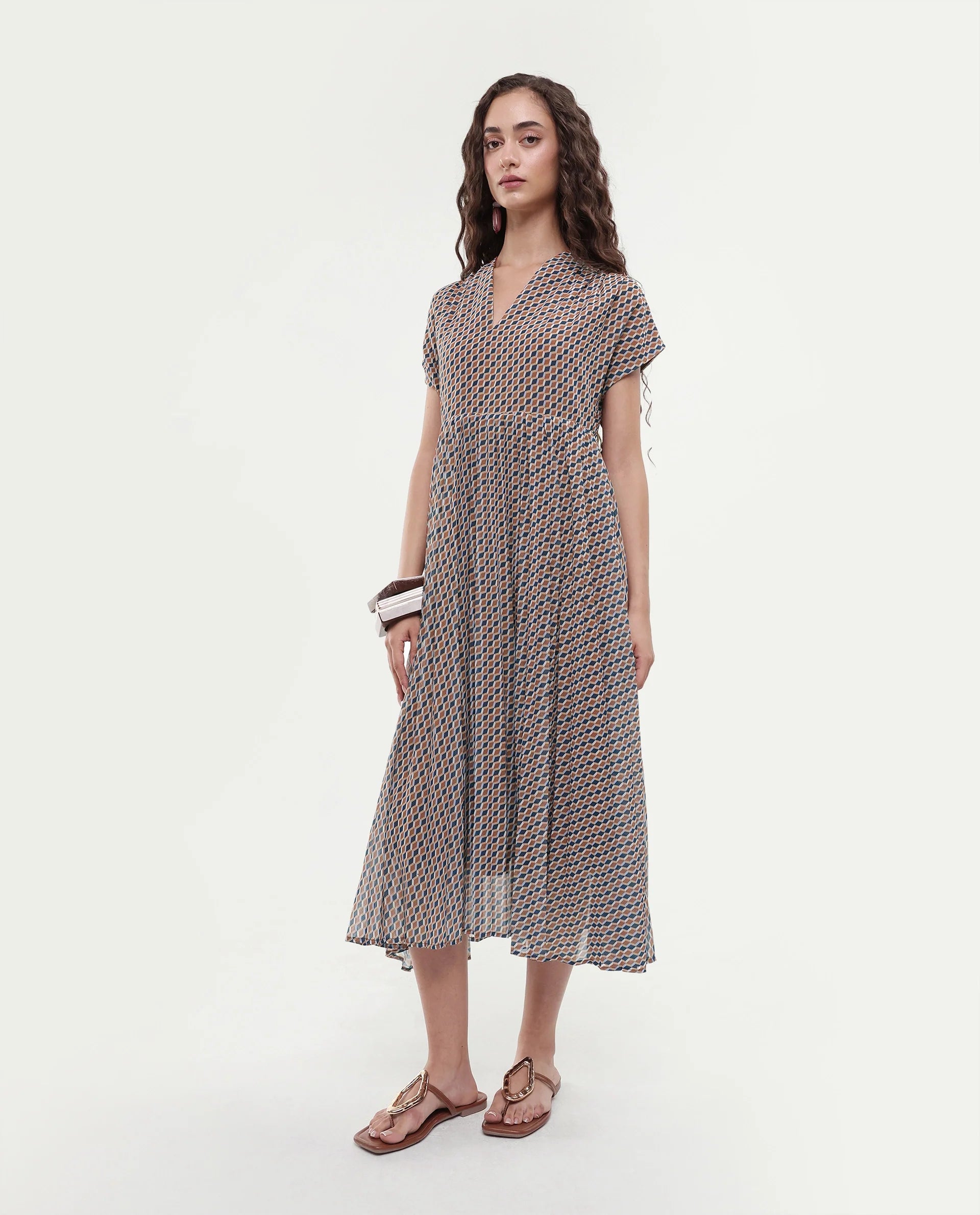 Rareism Women's Jurem Multi Polyester V-Neck Fit And Flare Printed Dress
